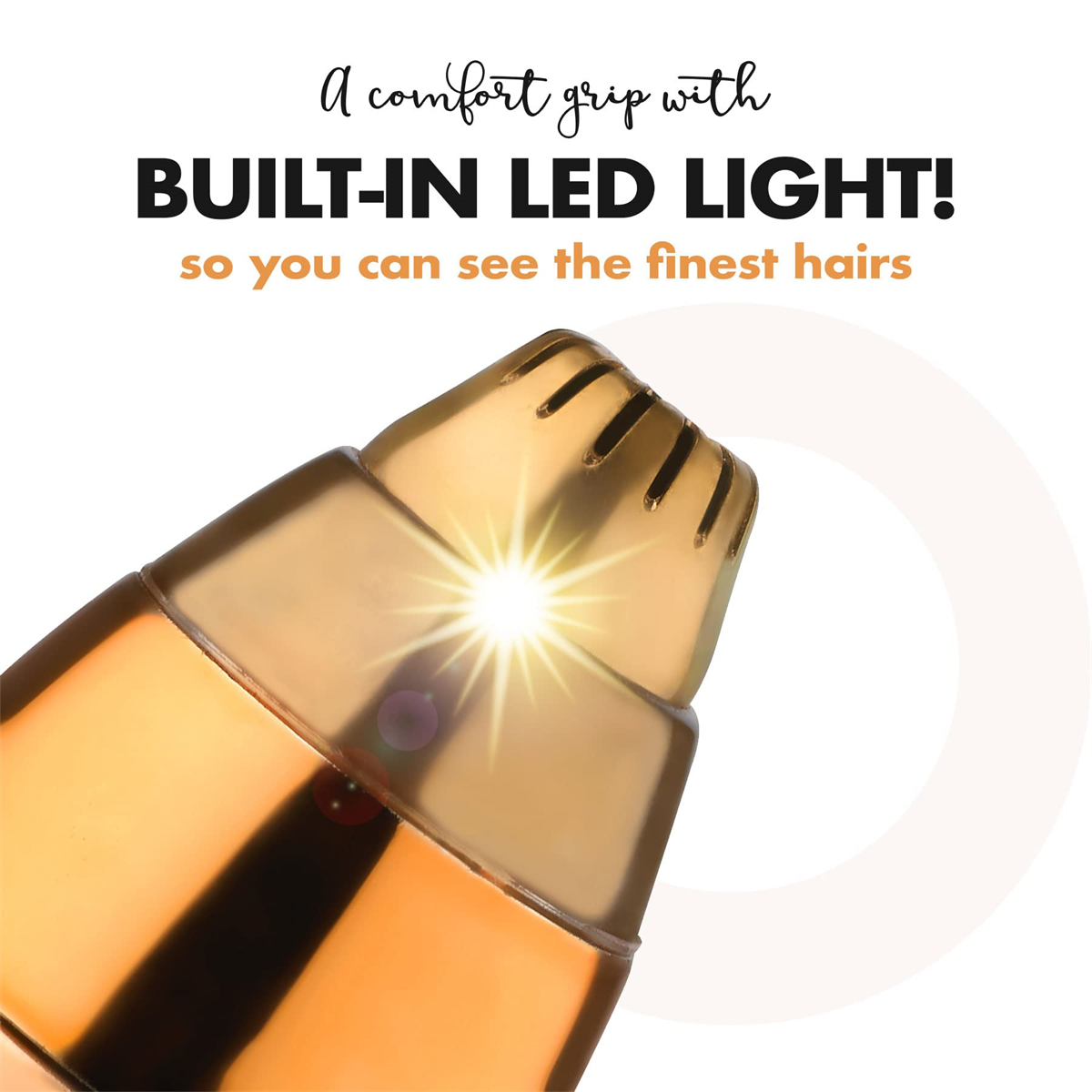 Nahaufnahme eines goldfarbenen Epiliererkopfes mit eingebautem LED-Licht, auf weißem Hintergrund.