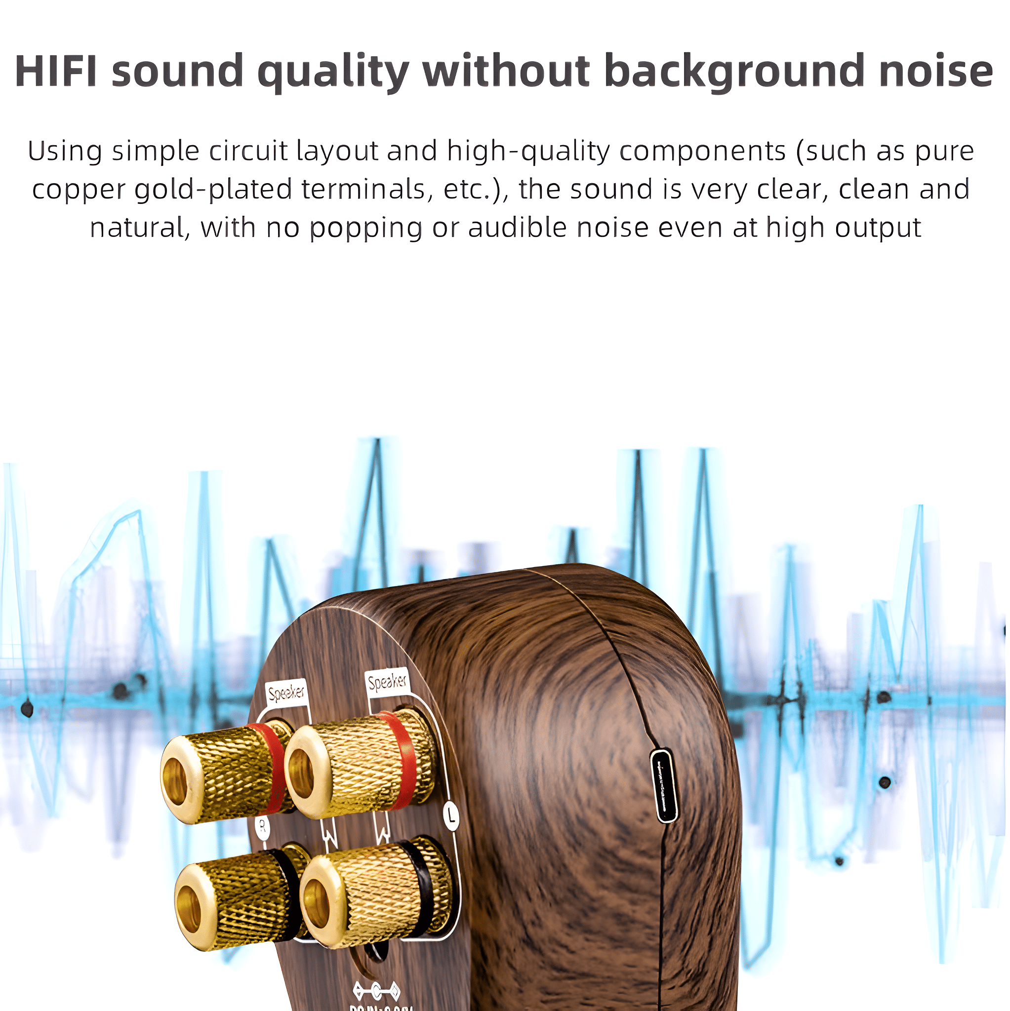 Nahaufnahme eines Audiogeräts mit Goldanschlüssen und Holzpaneel, blaue Schallwellen.