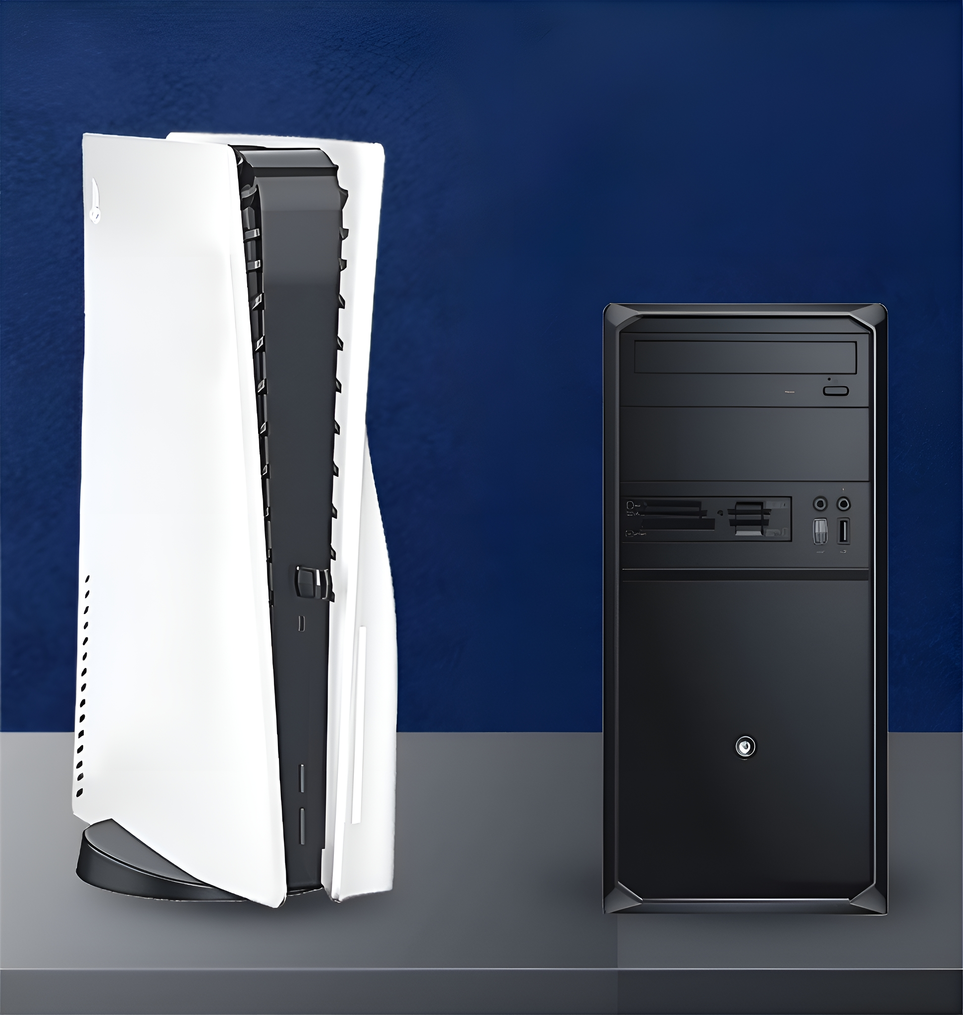 Eine weiße PlayStation 5 und ein schwarzer Computerturm auf grauer Oberfläche vor blauem Hintergrund.