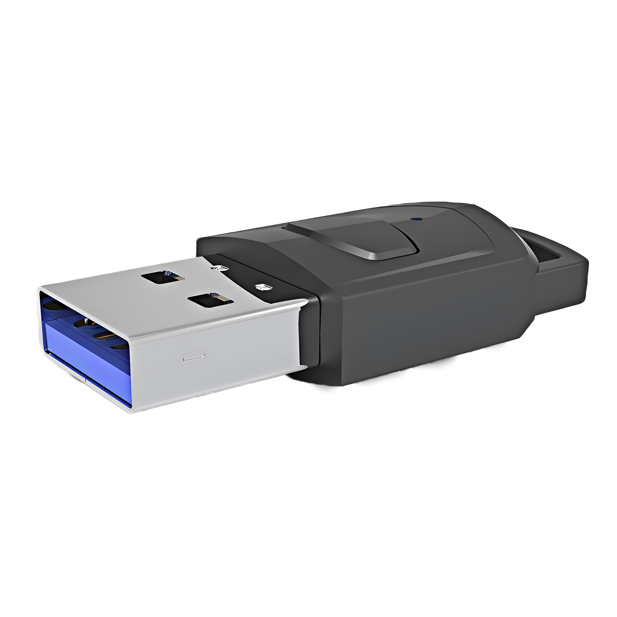 Ein schwarzer USB-A-zu-USB-C-Adapter, der horizontal auf einer weißen Oberfläche liegt.