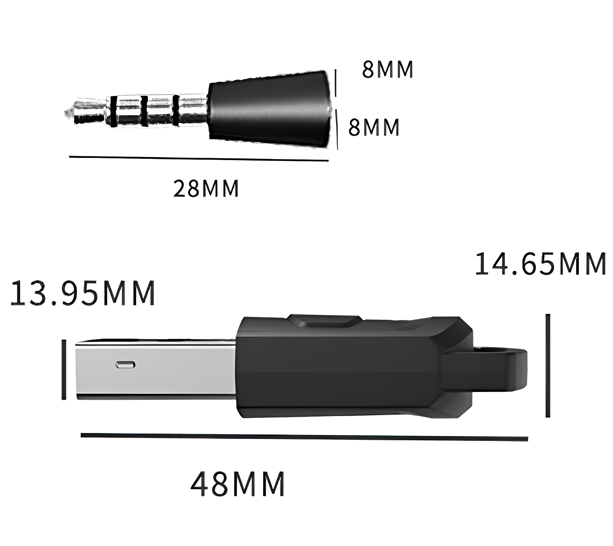 Schwarze Stecker für 3,5-mm-Audio und USB mit Maßen, auf weißem Hintergrund.