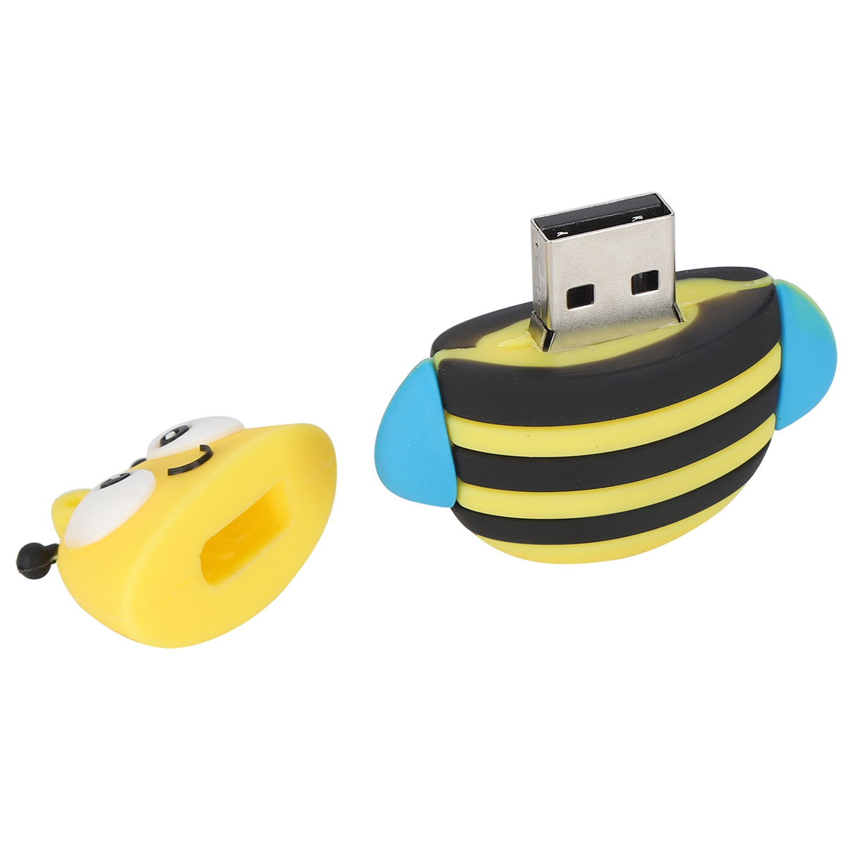 USB-Stick in Form einer Biene. Die Biene ist gelb und schwarz mit blauen Akzenten.