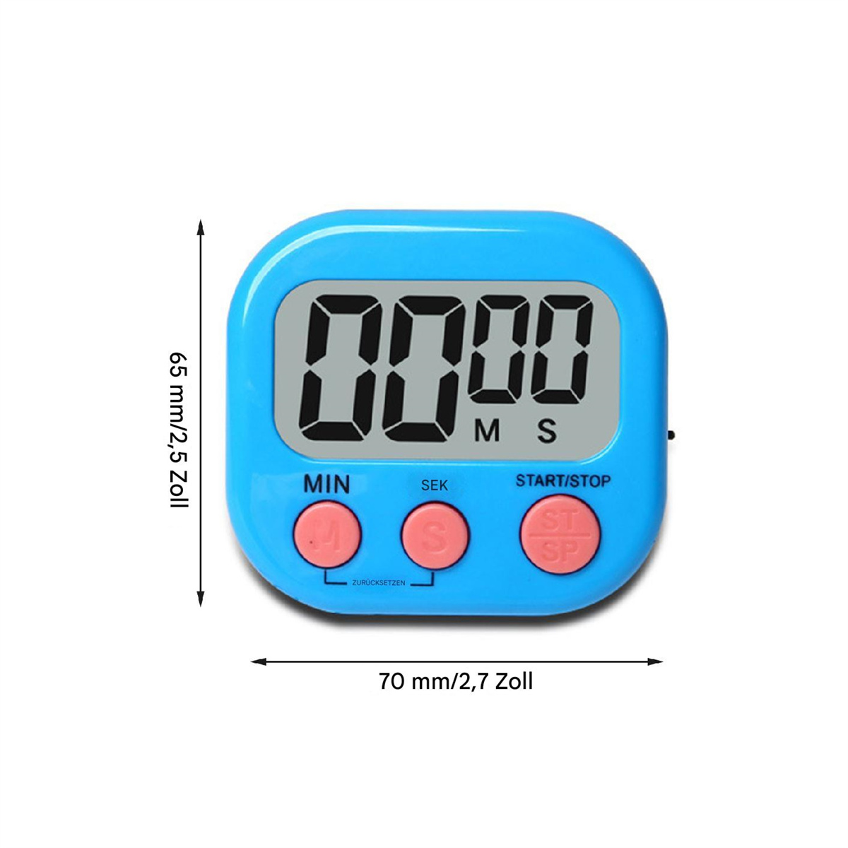 Ein blauer digitaler Küchentimer mit großen Zahlen und Bedientasten. Abmessungen sind angegeben.