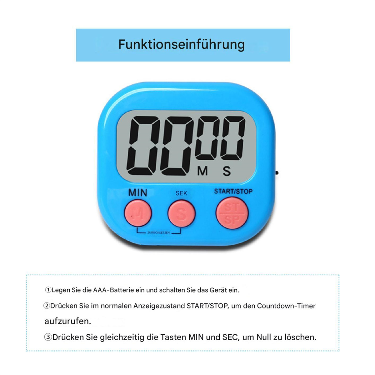 Ein blauer Küchentimer mit Knöpfen und einer Digitalanzeige, die die Zeit in Minuten und Sekunden anzeigt.