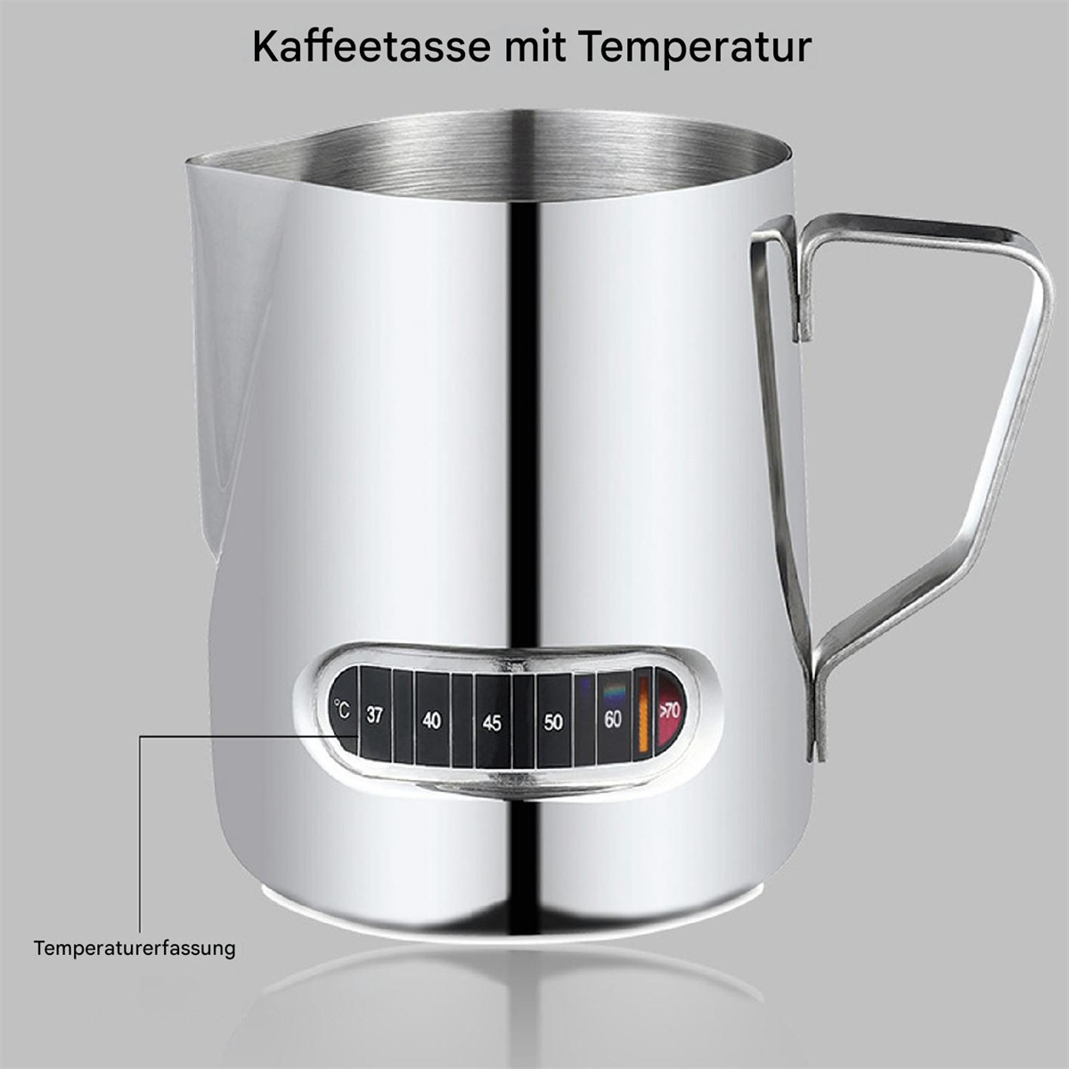 Glänzender silberner Krug mit Temperaturanzeige, mit deutschem Text.