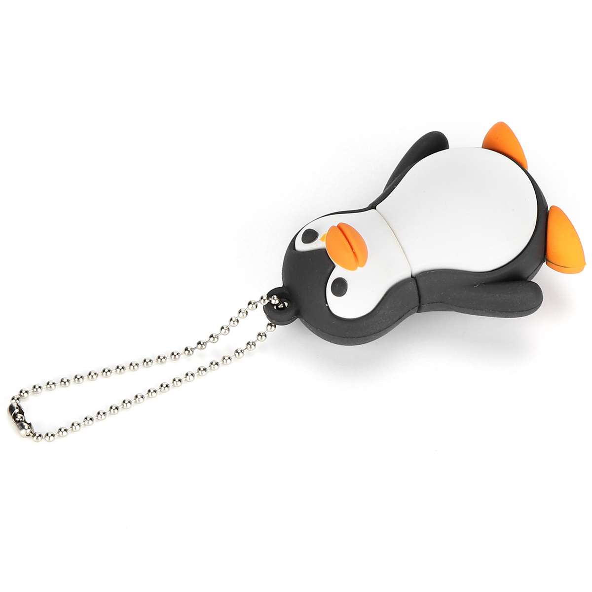 Ein pinguinförmiger USB-Stick mit Kette. Der Pinguin ist schwarz-weiß mit orangefarbenen Füßen.