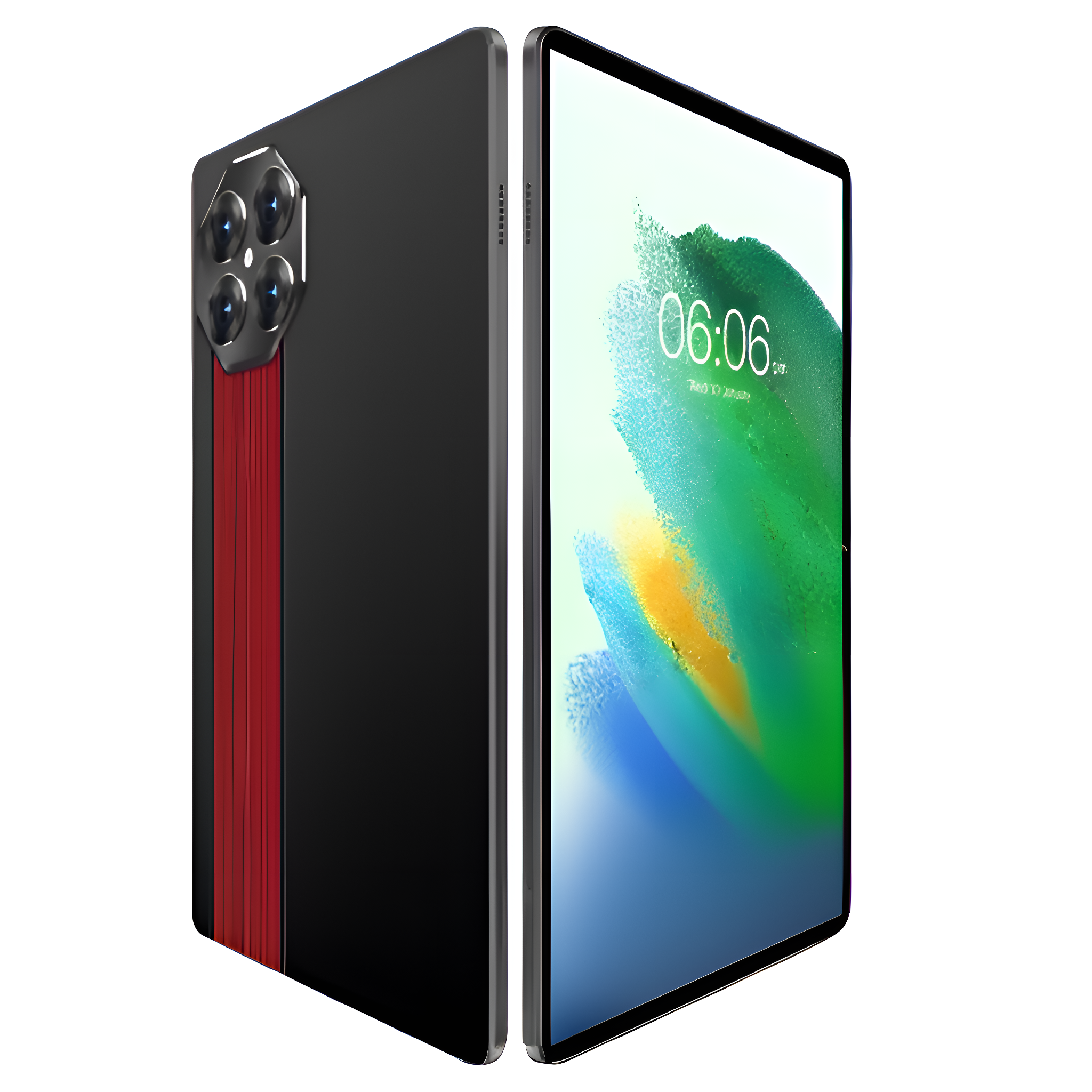 Ein schwarzes Tablet mit Kamera und roten Streifen an der Seite.