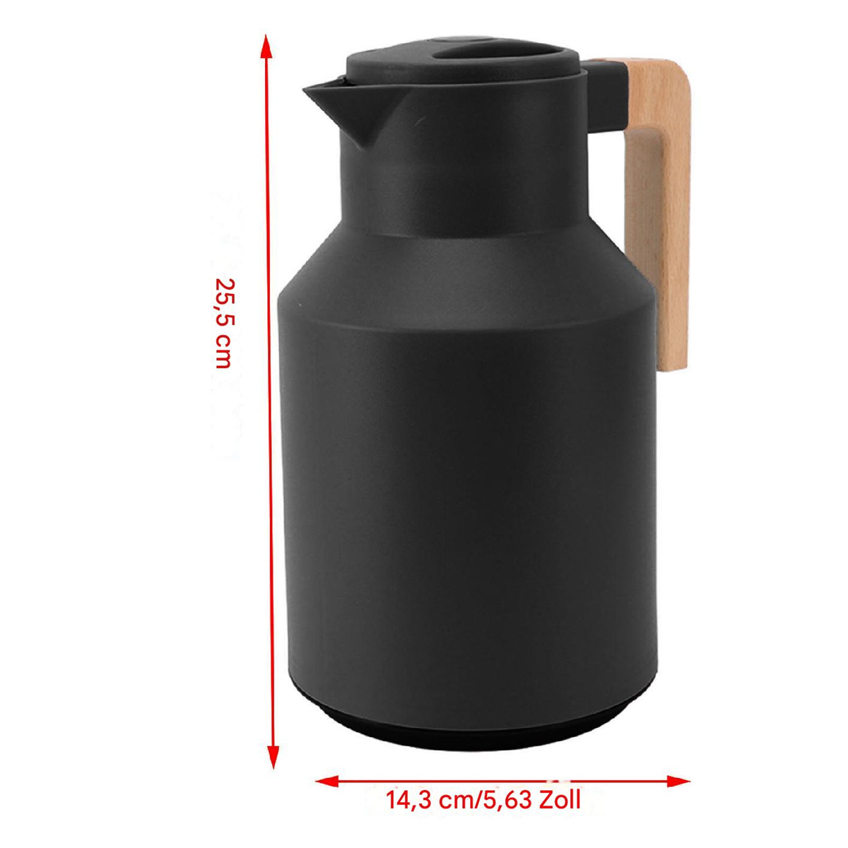 Eine schwarze Thermoskanne mit Holzgriff, 25,5 cm hoch und 14,3 cm breit.