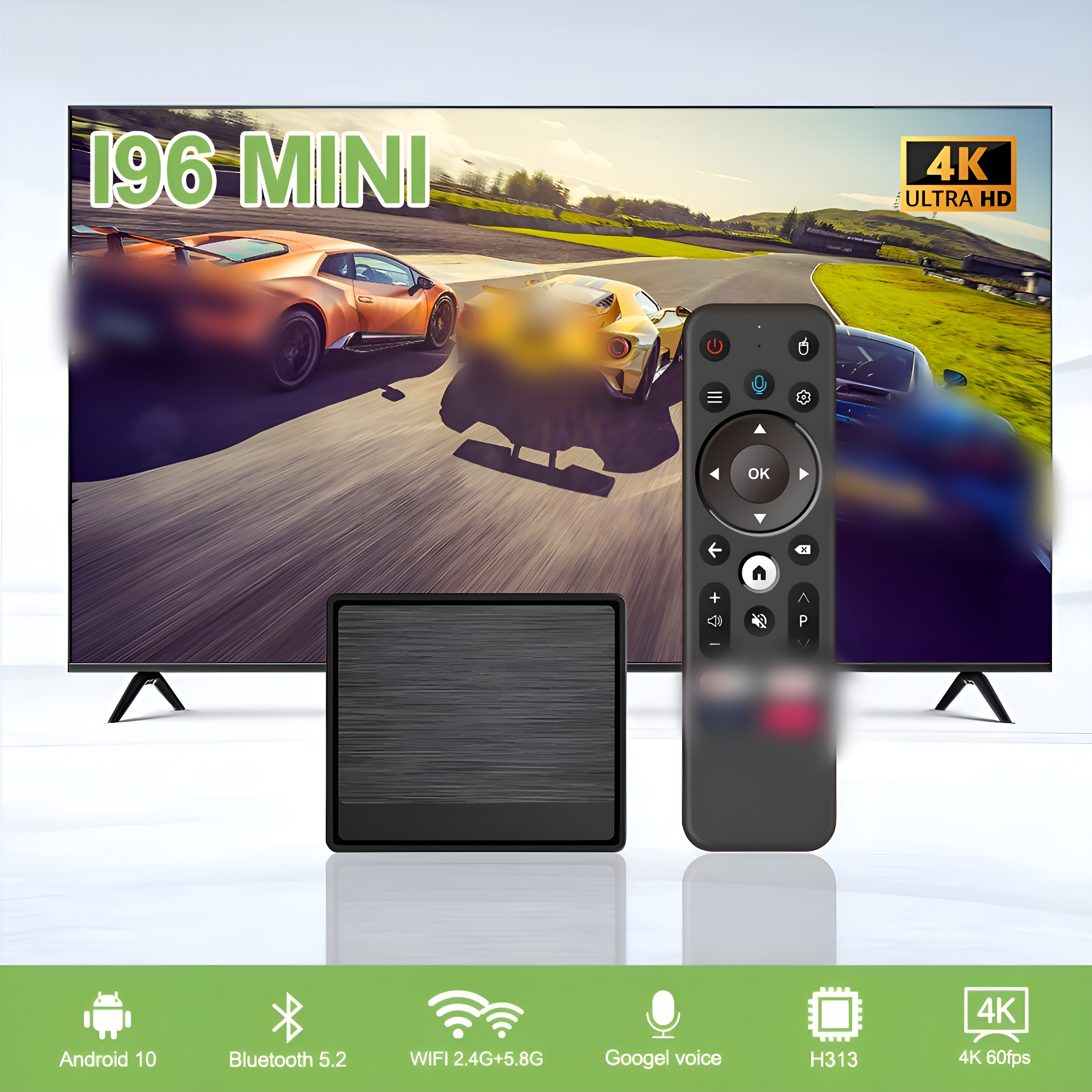 TV-Gerät mit Fernbedienung und schwarzer Box. Autos rasen auf dem Bildschirm.