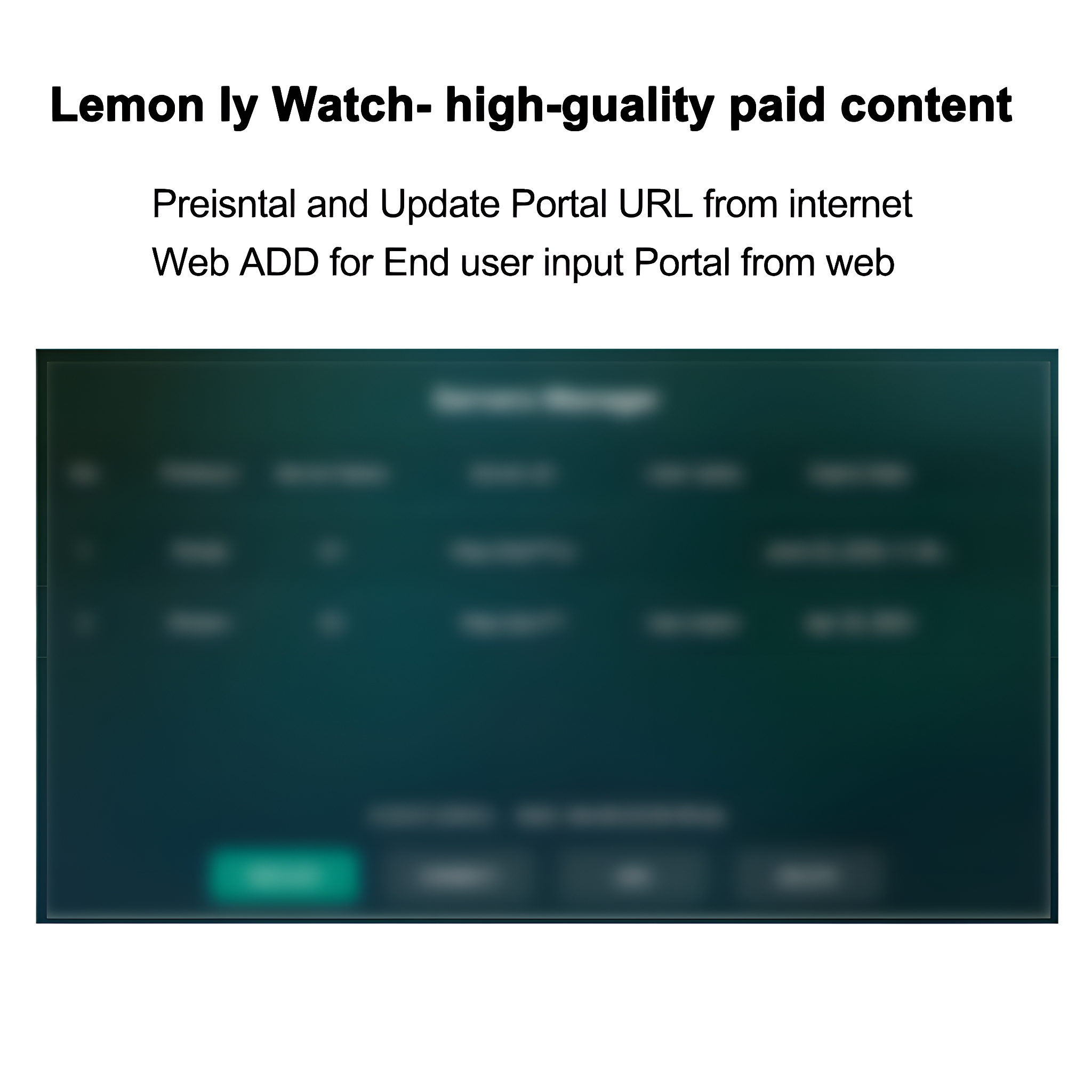 Bildschirm mit Menü. Text: "Lemon ly Watch", "hochwertiger bezahlter Inhalt" und "Portal-URL".