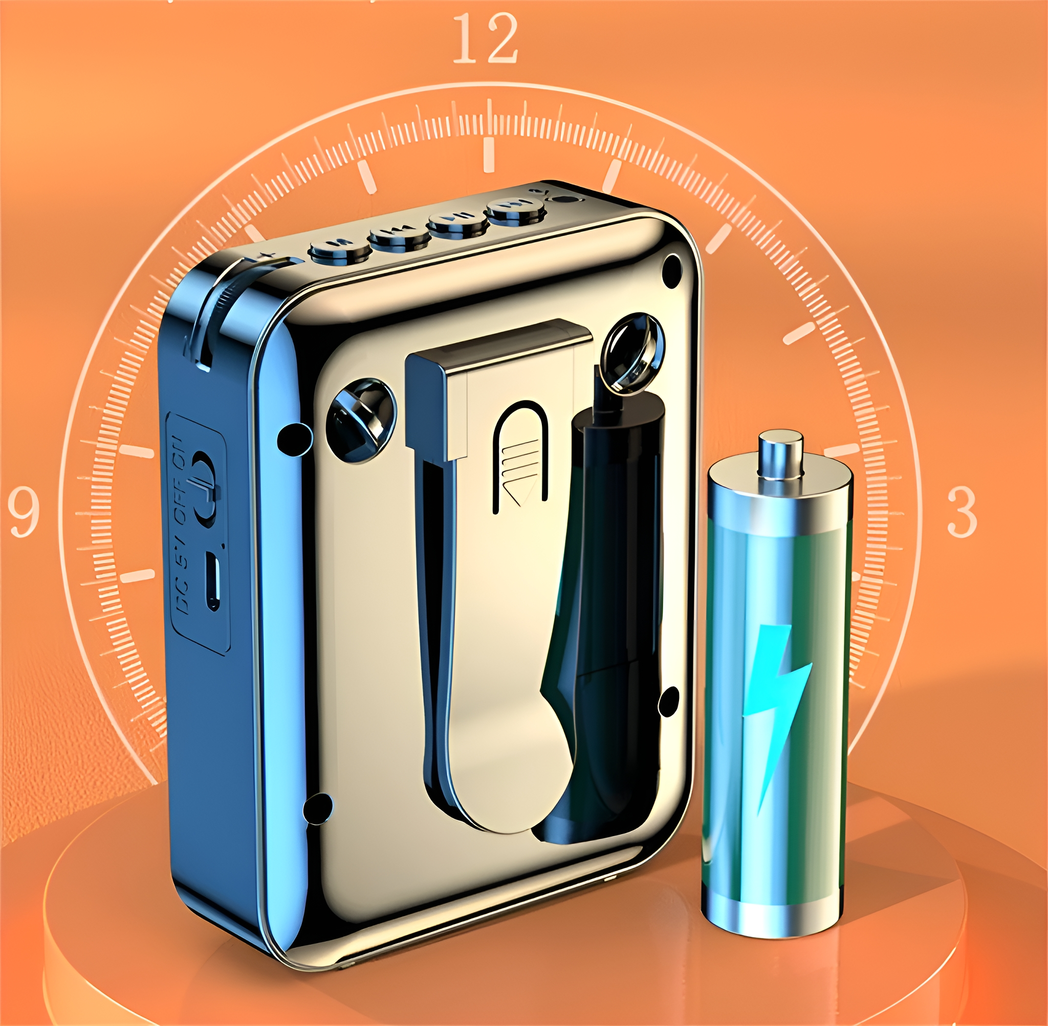 Ein blaues Metallgerät mit Batterie und Zifferblatt. Der Hintergrund ist orange.