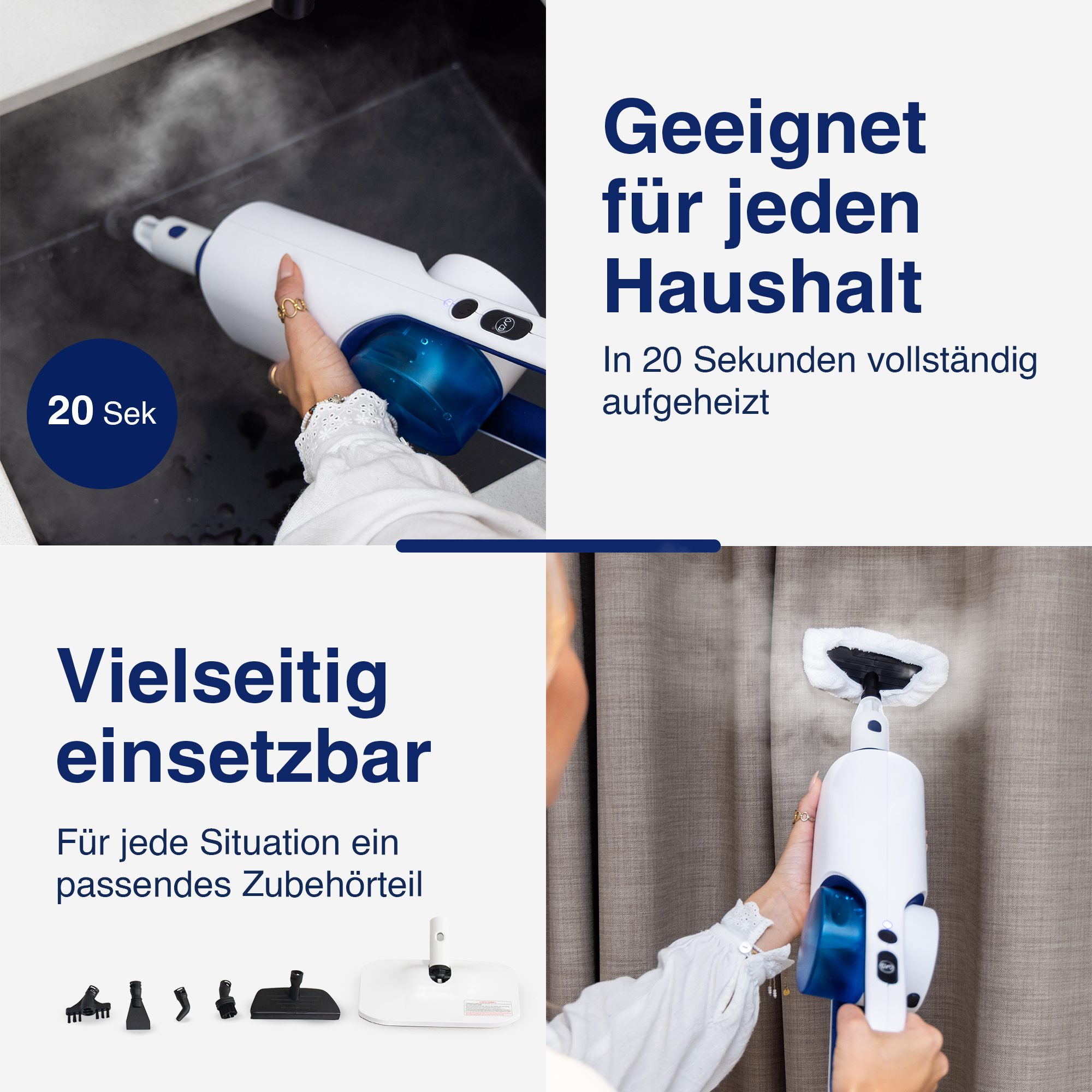 Vrouw die een witte en blauwe stoomreiniger gebruikt. Witte achtergrond.