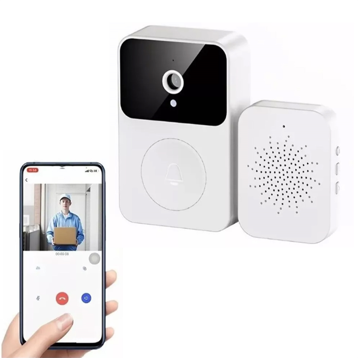 Ein weißes Smart-Türklingelsystem mit Kamera und separater Klingeleinheit und einem Telefonbildschirm.