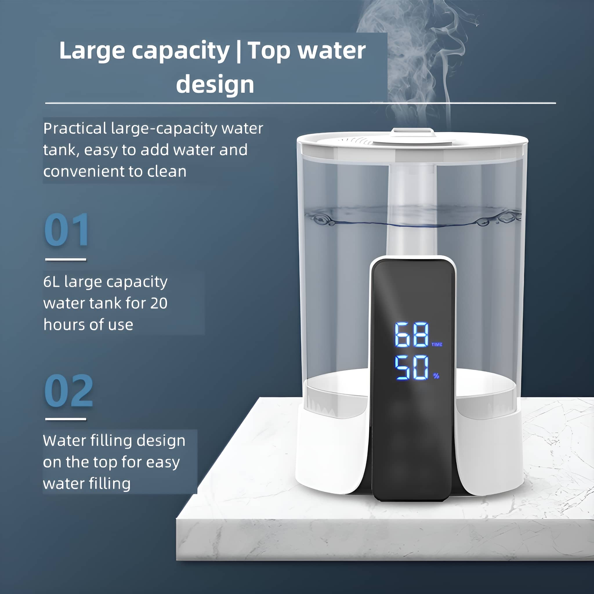Ein weißer Luftbefeuchter mit digitaler Anzeige von Luftfeuchtigkeit und Wasserstand.