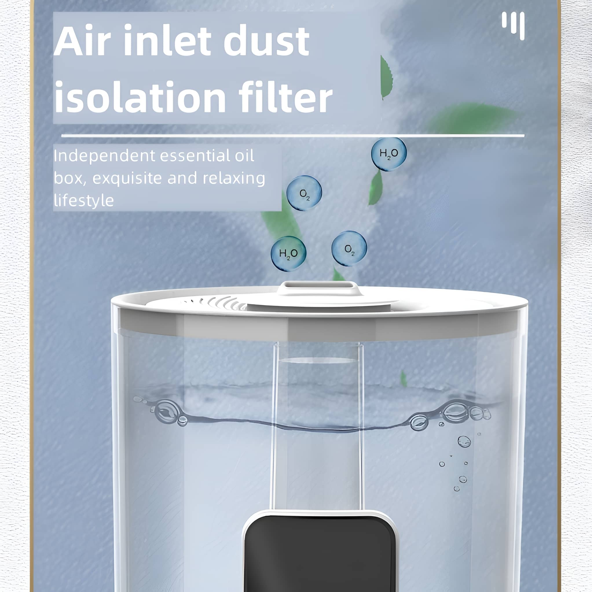 Ein weißer Luftbefeuchter mit Wasser und Text oben drauf.