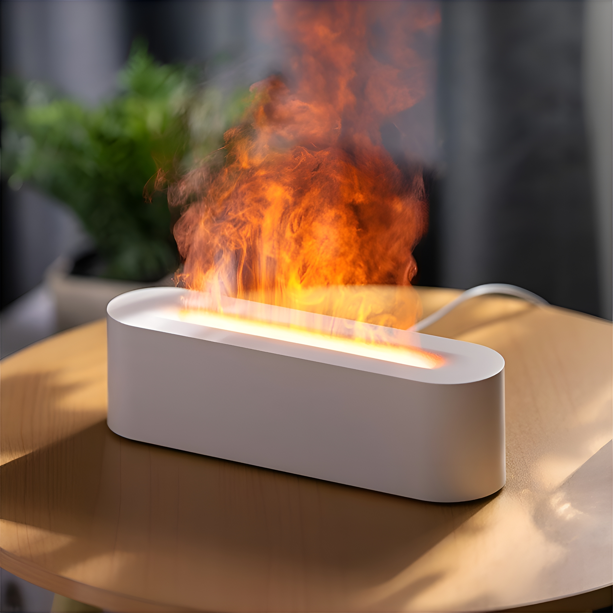 Weißer, oval geformter Flammen-Luftbefeuchter auf einem Holztisch mit unscharfem Hintergrund.