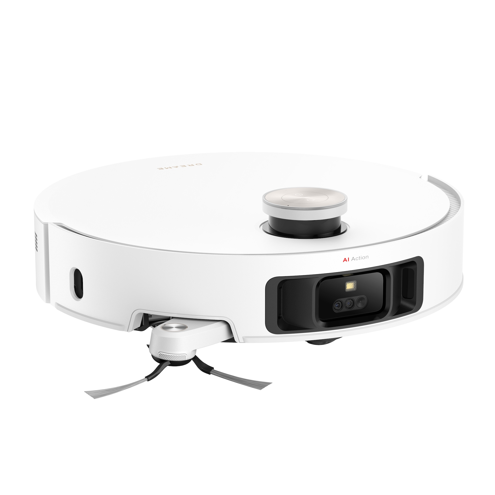 Biały odkurzacz robot z srebrną górą i czarnym panelem przednim. Widoczne dwie szczotki.