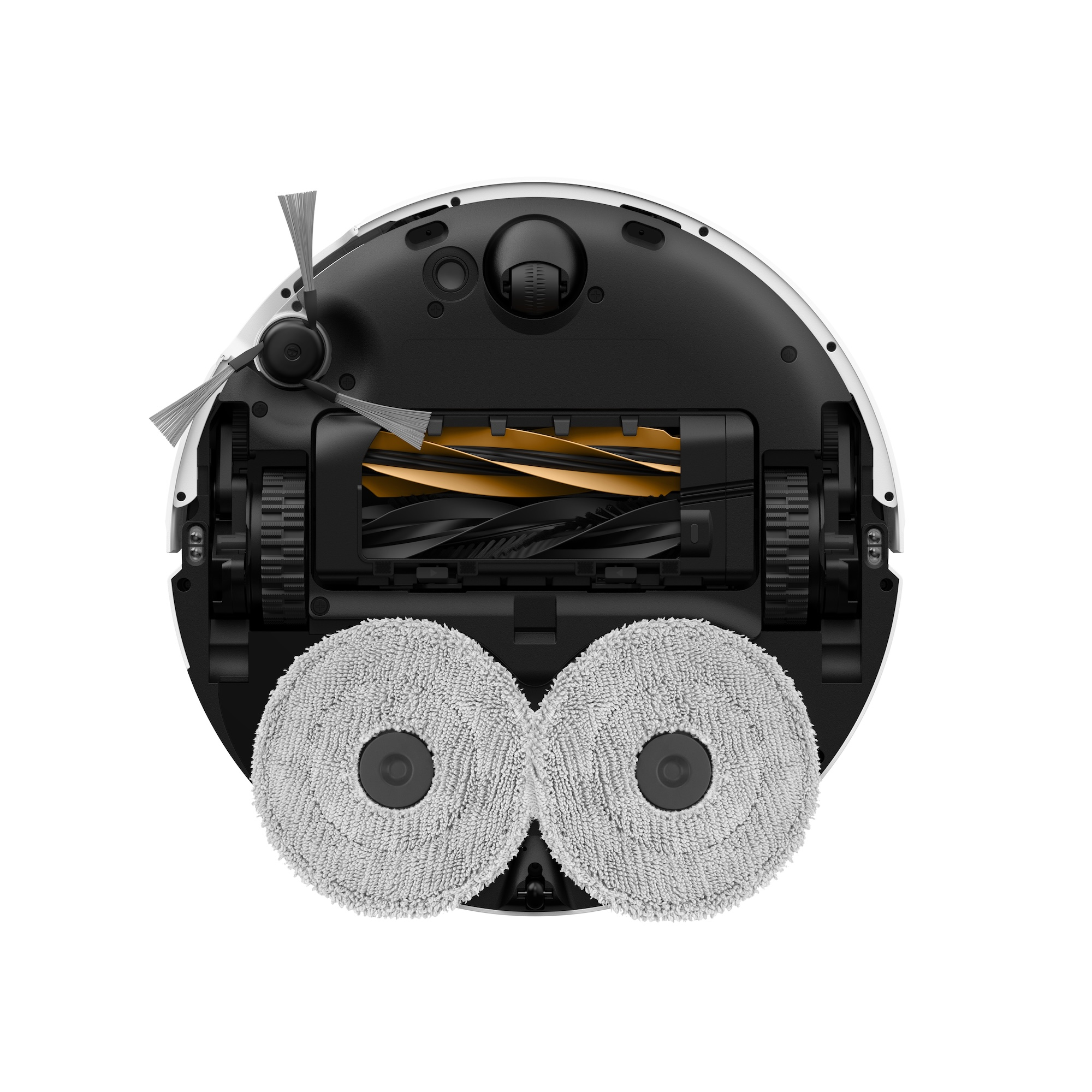 Robot odkurzający, widok z góry. Posiada szczotki, koła i dwie szare, okrągłe nakładki do mopowania.