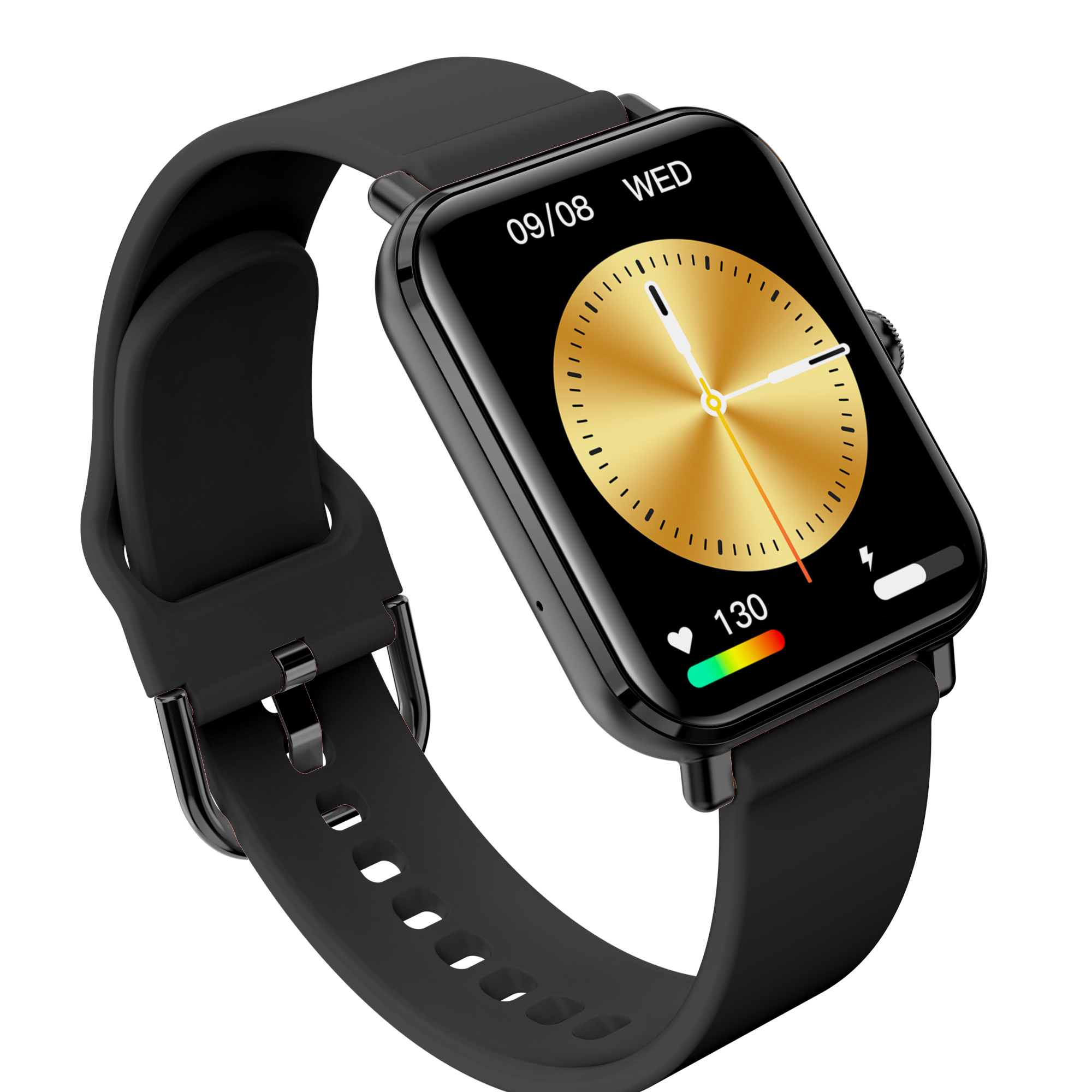 Eine schwarze Smartwatch mit goldenem Zifferblatt, Datum und Uhrzeit zeigend.