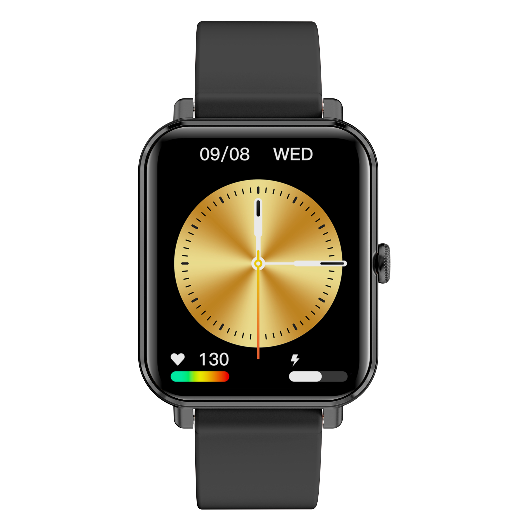 Eine schwarze Smartwatch zeigt eine Uhr mit 09/08 WED an. Der Bildschirm zeigt auch ein Herz- und ein Akkusymbol.
