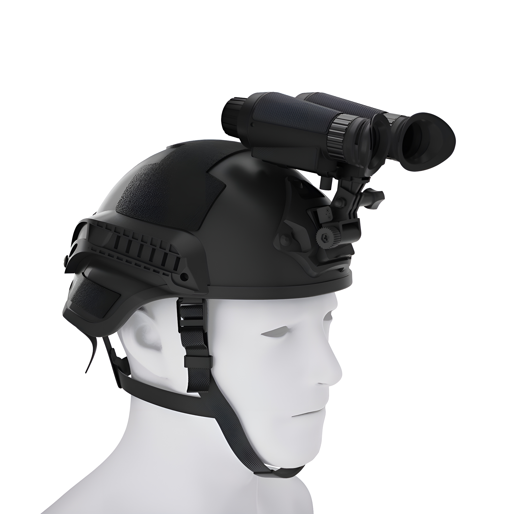 Schwarzer Helm mit Nachtsichtgeräten auf einem weißen Schaufensterkopf.