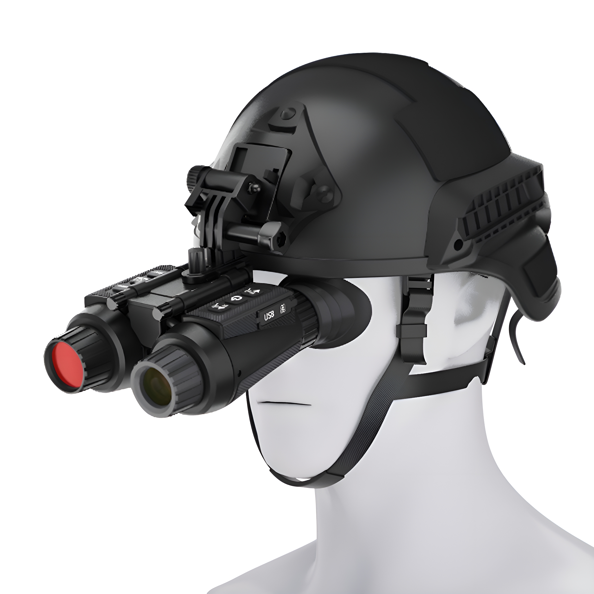 Schwarzer Helm mit Nachtsichtbrille. Auf dem Helm sitzt ein weißer Schaufensterpuppenkopf.