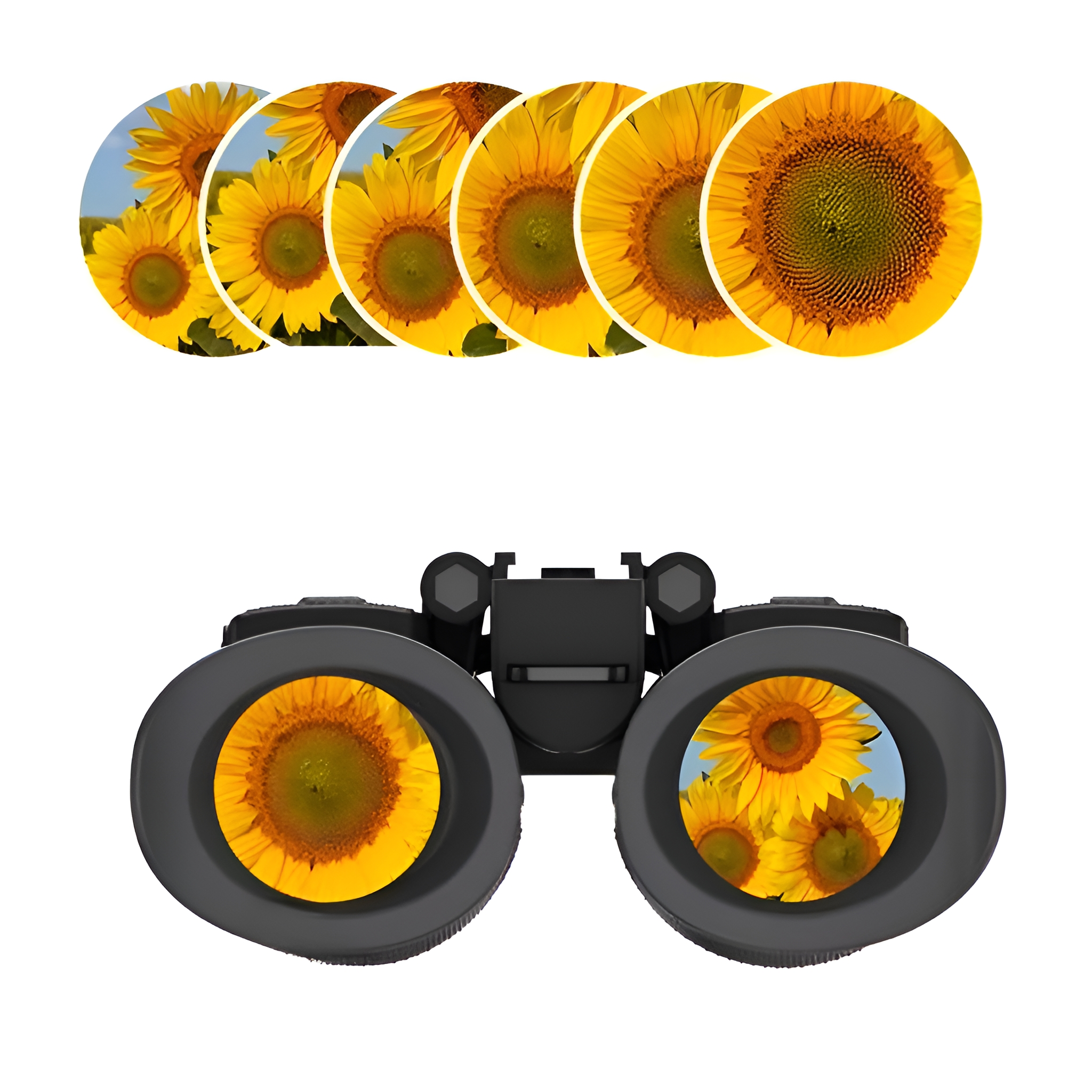 Fernglas mit Sonnenblumenblick. Sechs kreisförmige Bilder von Sonnenblumen über einem schwarzen Fernglas.