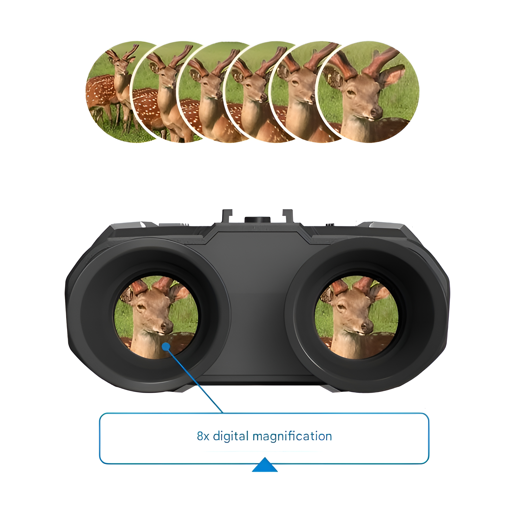 Fernglas mit Hirschbildern in den Suchern und Text.