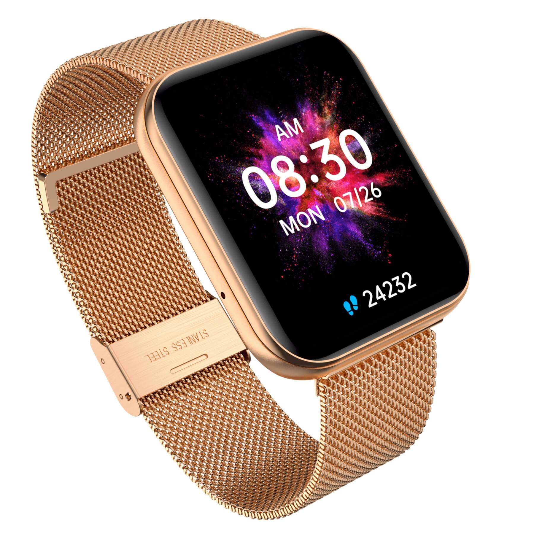 Roségoldene Smartwatch mit rechteckigem Bildschirm, der Zeit und Datum anzeigt. Metallarmband.