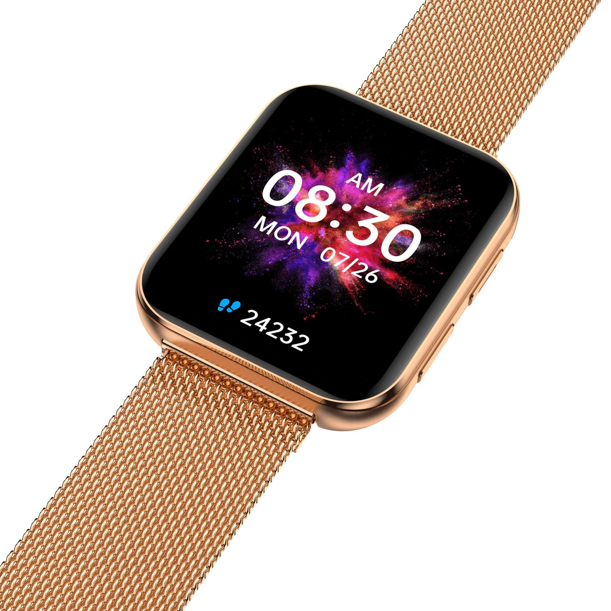 Goldene Smartwatch mit digitaler Anzeige, die Zeit und Datum anzeigt. Mesh-Armband. Die Zeit ist 08:30 Uhr, Mo 26.07.