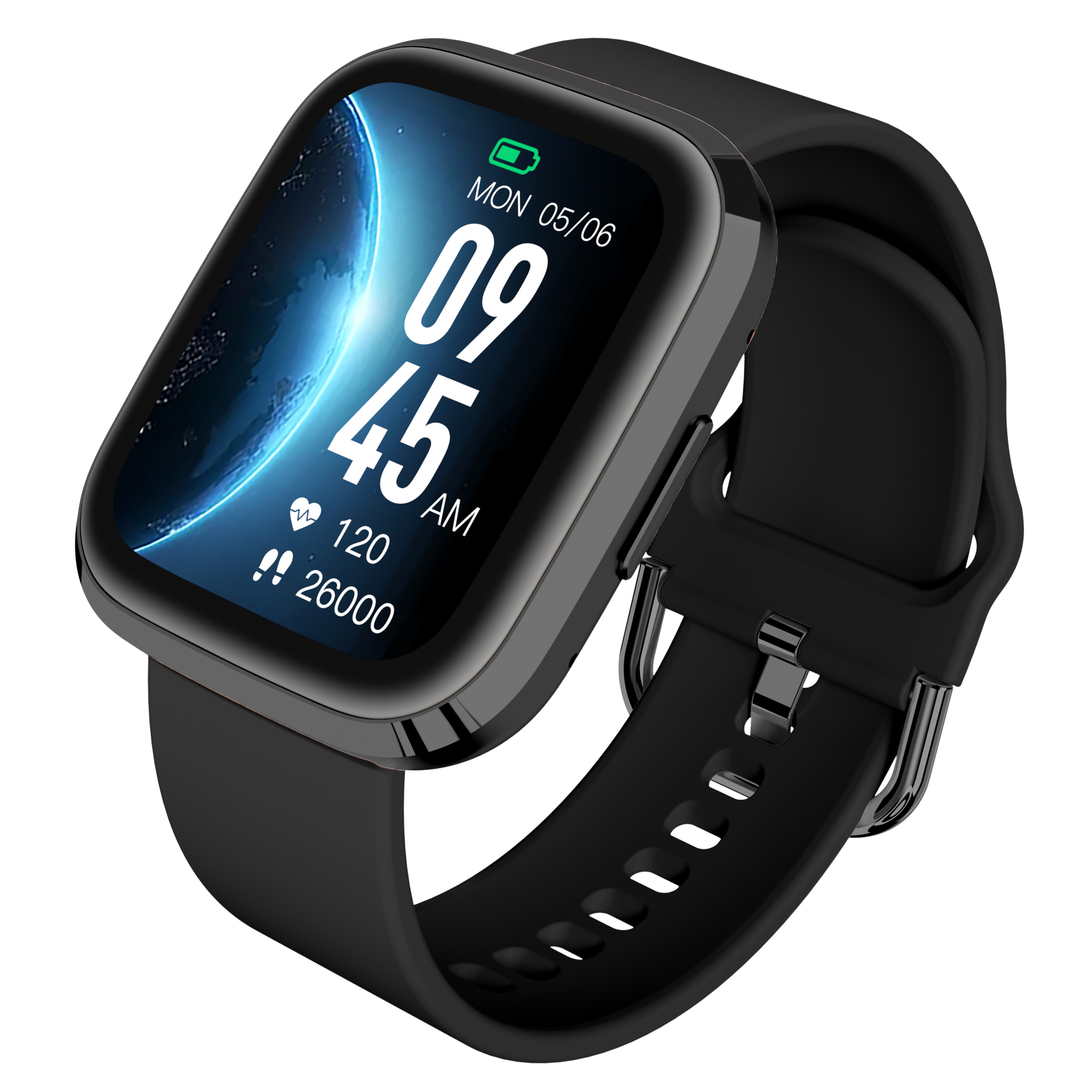 Czarny smartwatch z prostokątnym ekranem. Ekran wyświetla czas, tętno i kroki.