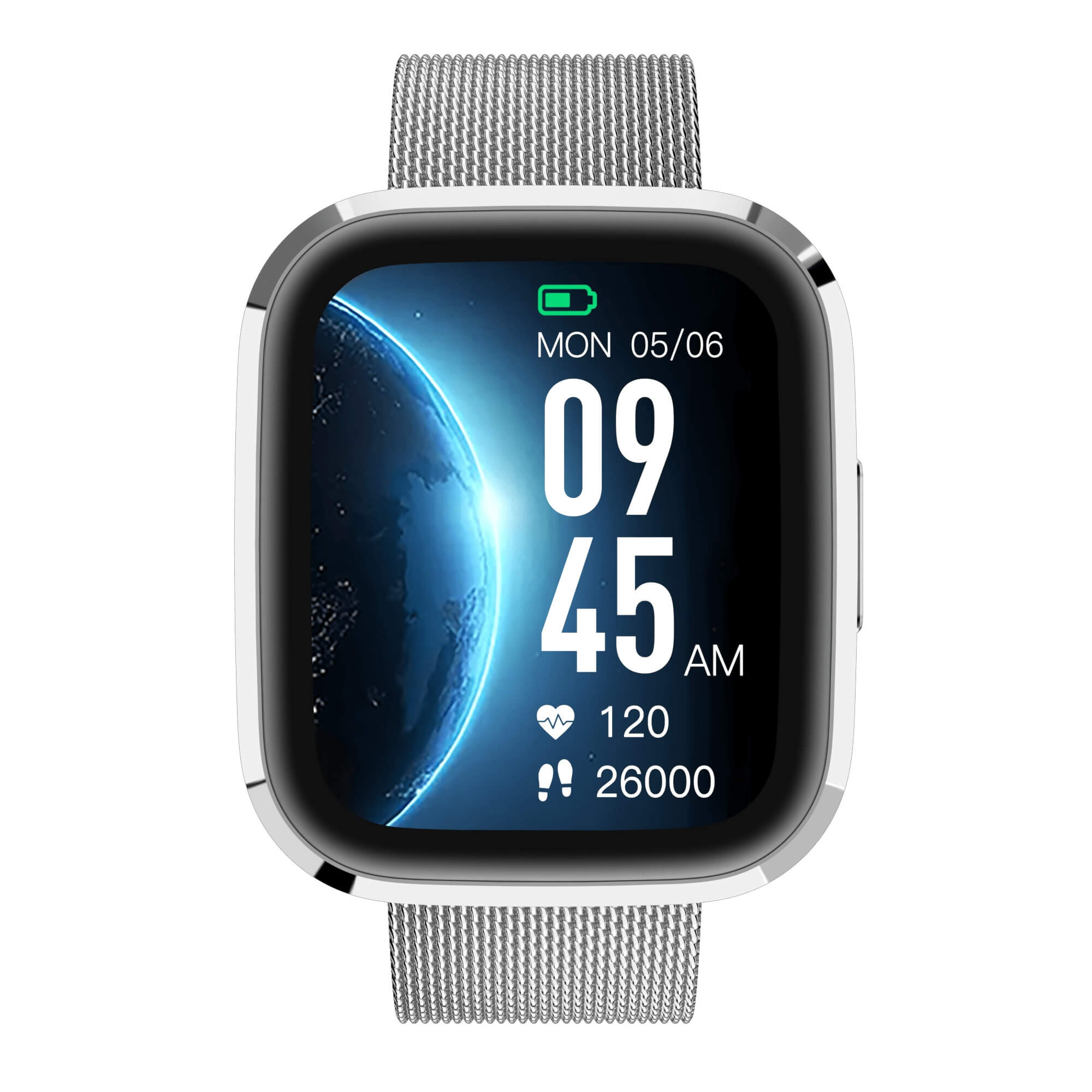 Smartwatch mit Uhrzeit und Gesundheitsdaten. Zeigt Datum, Uhrzeit, Herzfrequenz und Schrittzahl auf dem Bildschirm.