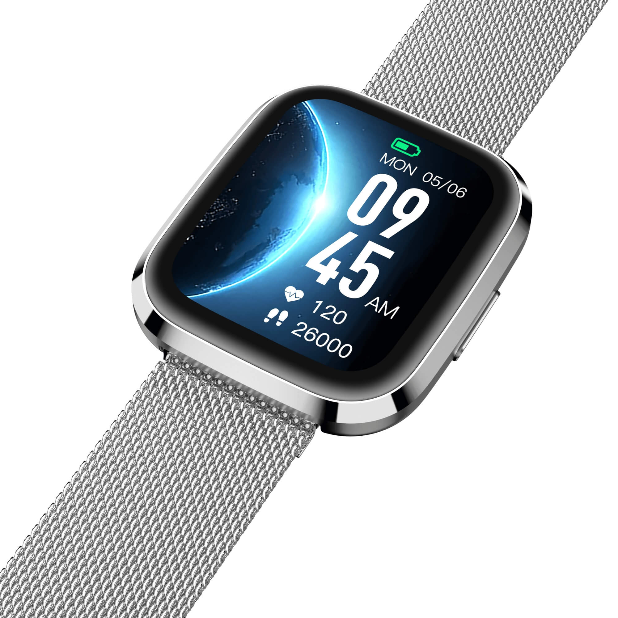 Silberne Smartwatch mit digitaler Anzeige, die Zeit und Gesundheitsdaten zeigt, vor weißem Hintergrund.
