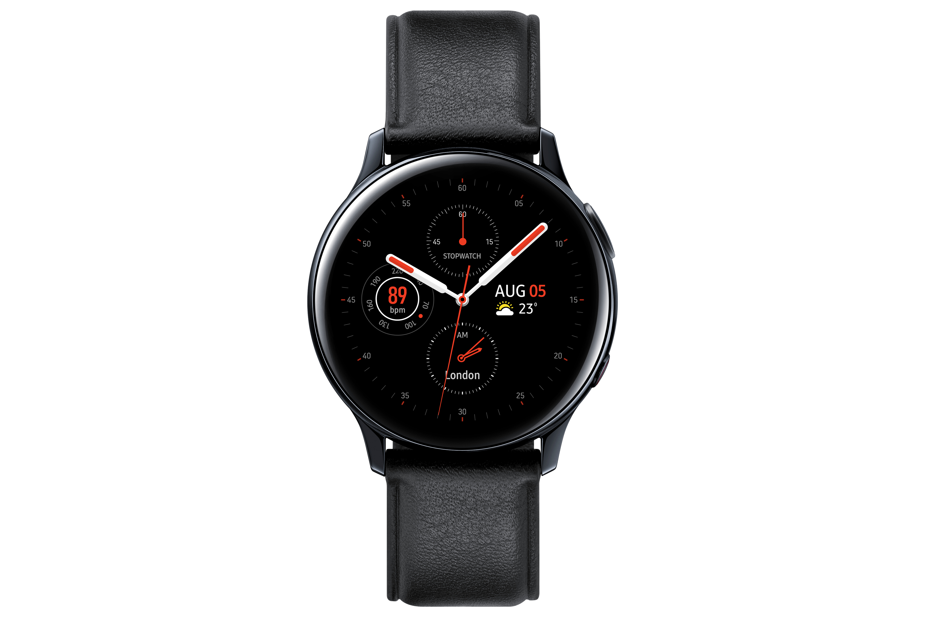Un smartwatch negro con correa de cuero. El reloj muestra la fecha y la hora.