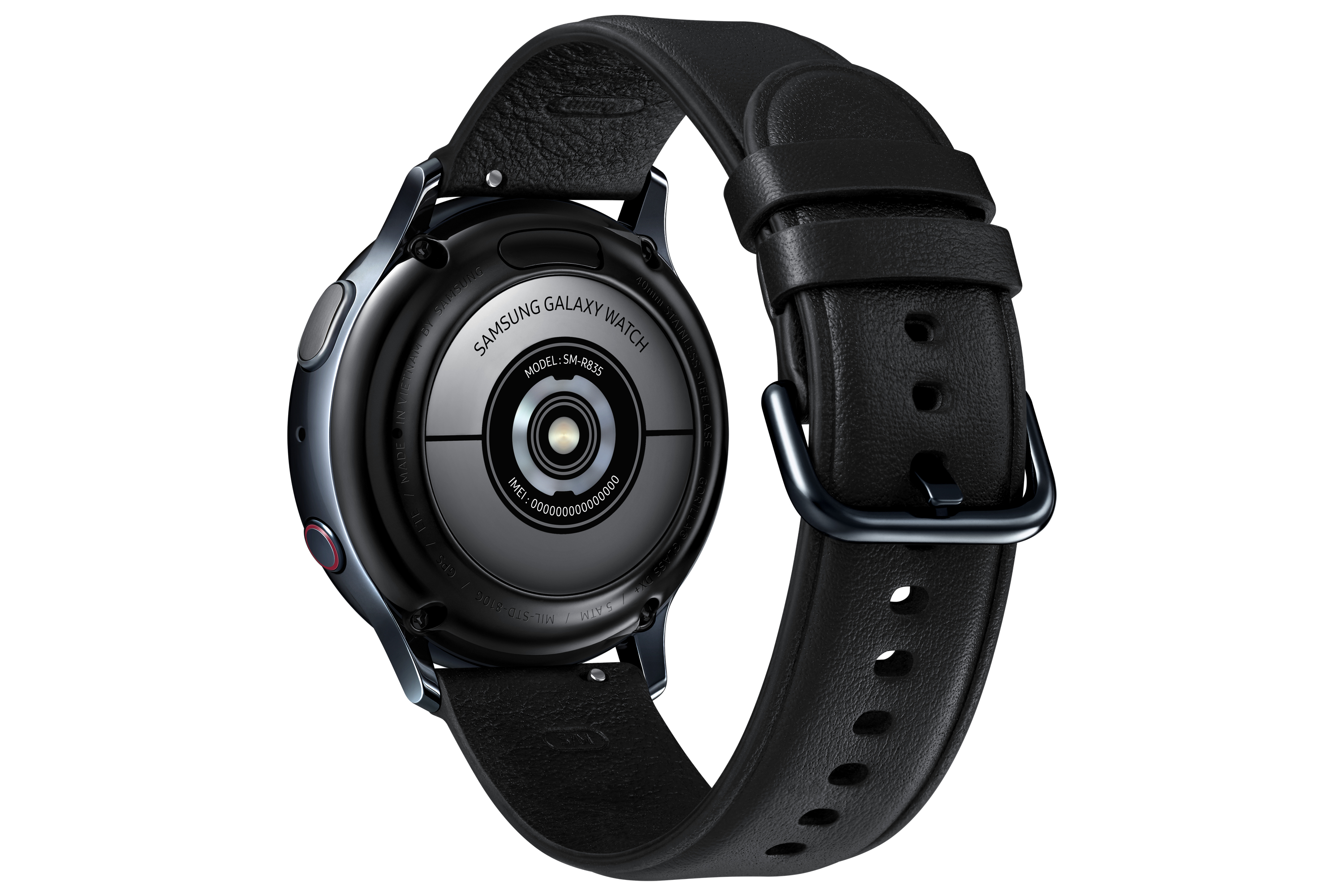 Parte trasera de un reloj inteligente negro con correa de cuero negro.