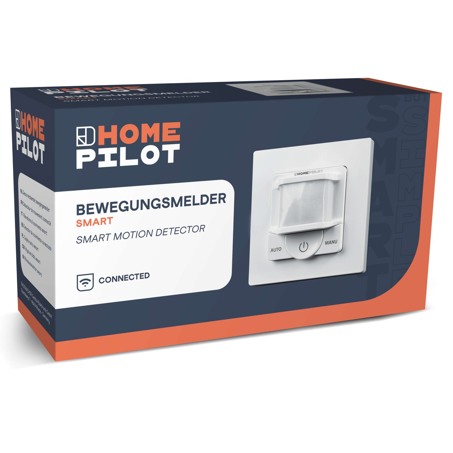 Schachtel eines intelligenten Bewegungsmelders. Weißer Text auf einem dunkelblauen und orangenen Design.
