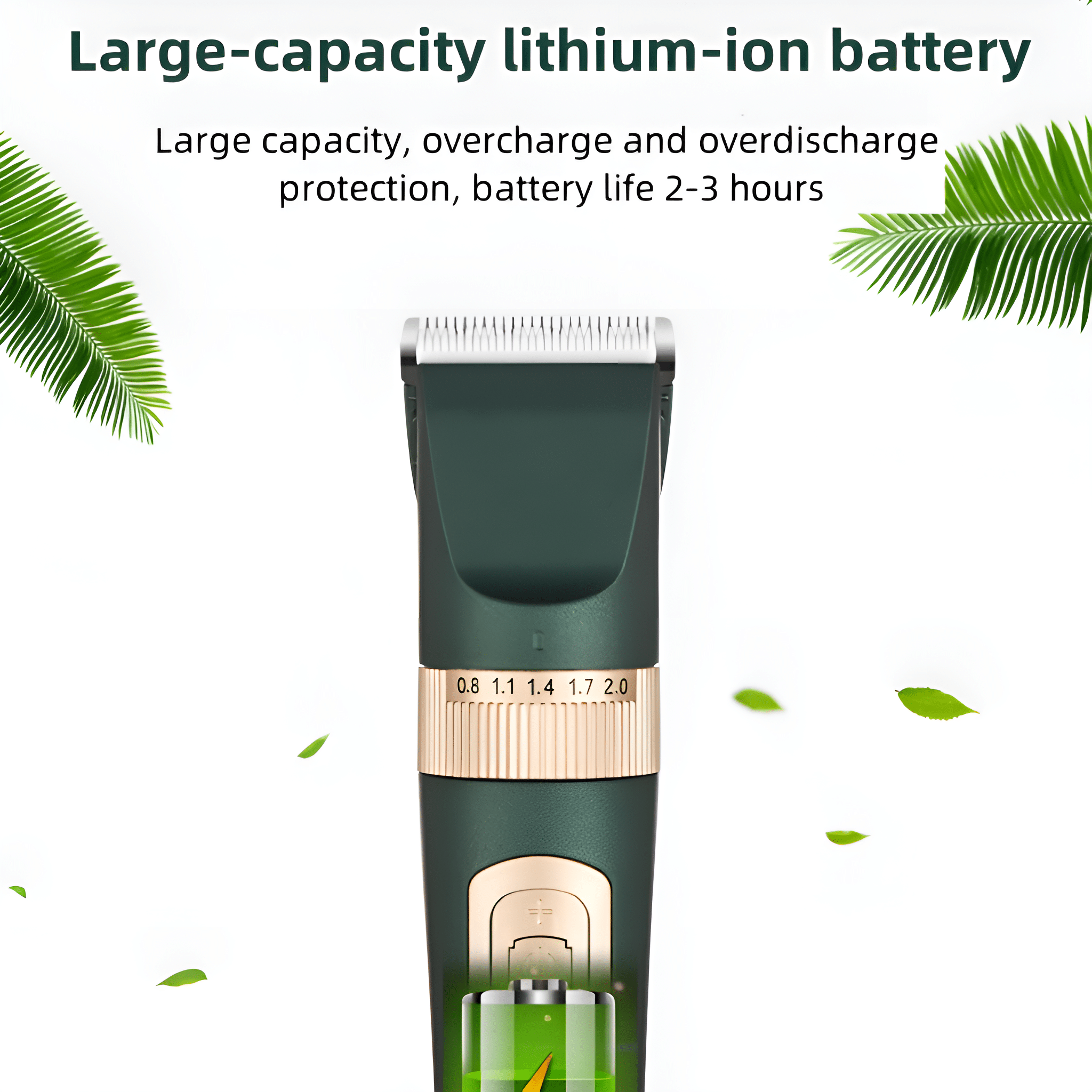 Haarschneider mit Text über Lithium-Ionen-Akku, auf weißem Hintergrund mit Blättern.