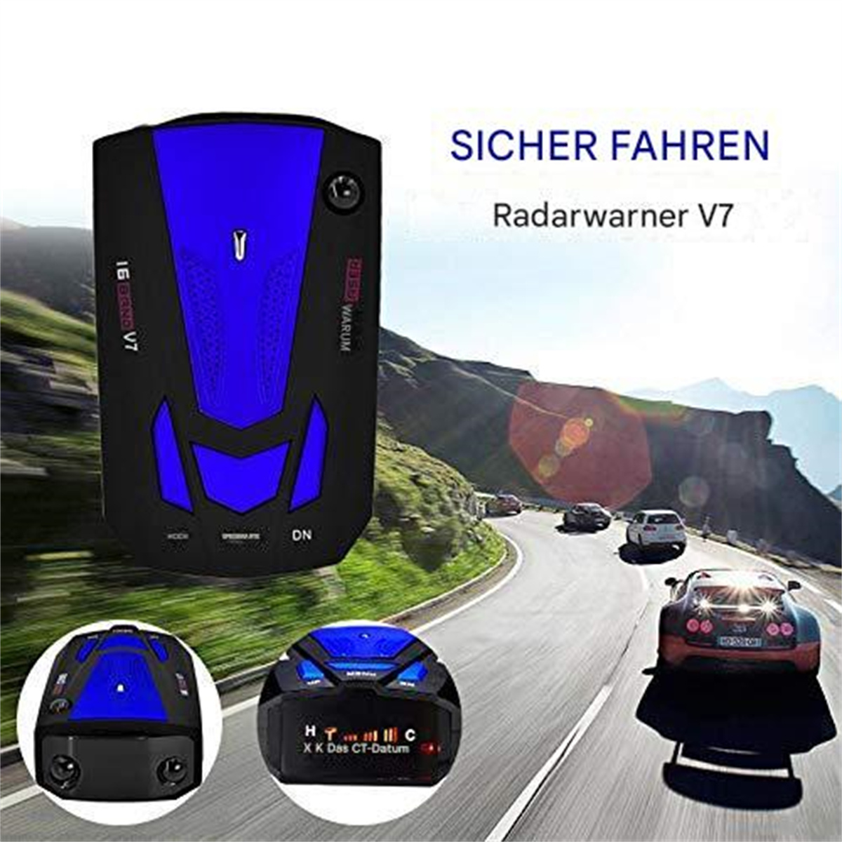 Ein schwarz-blaues Radarwarngerät mit einem Auto auf einer Straße.