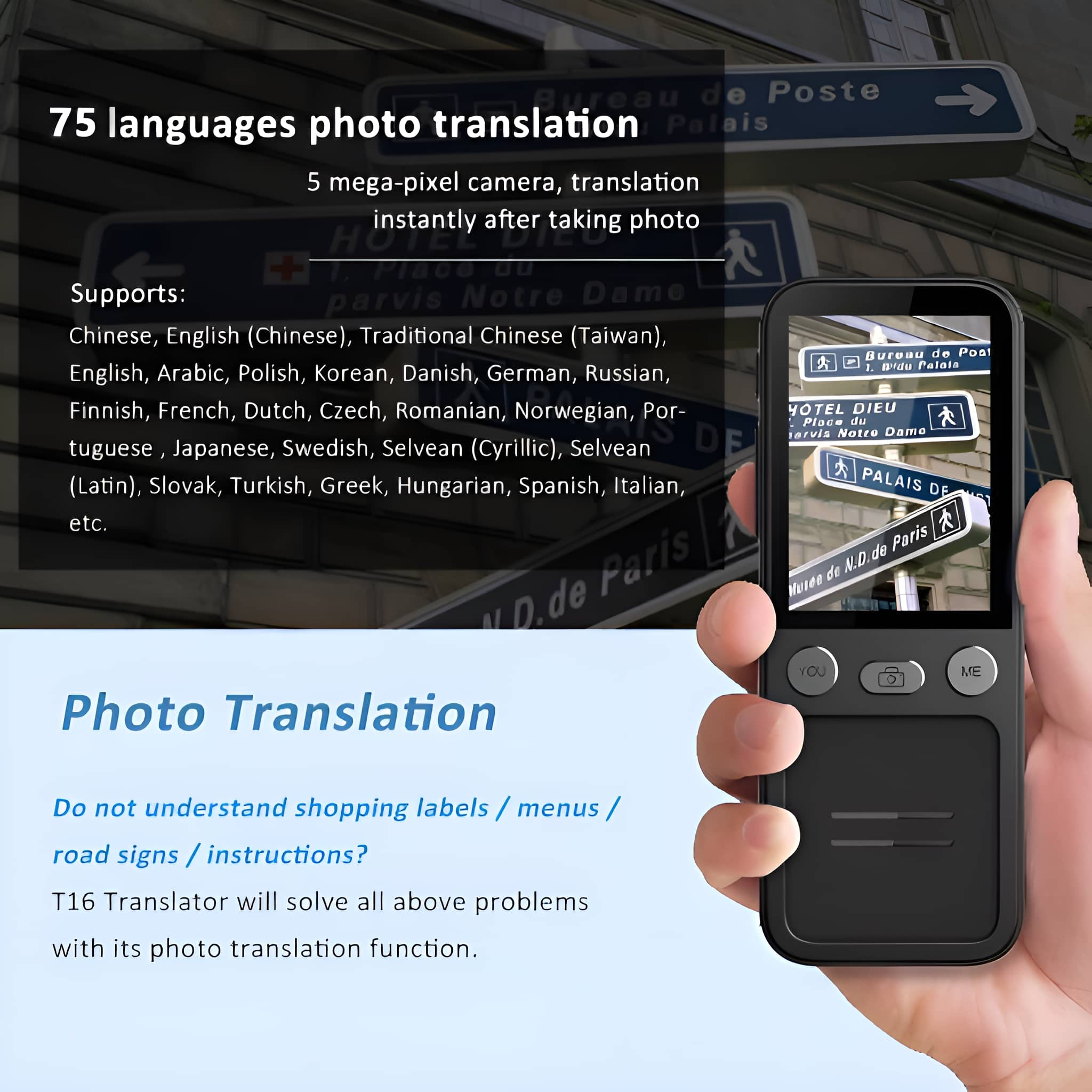 Fotoübersetzungsgerät mit Text. Zeigt ein Telefon, das ein Schild in Paris übersetzt.