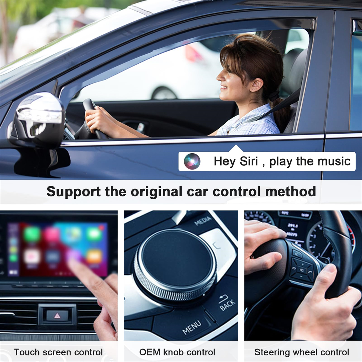 Eine Frau in einem Auto, die Touchscreen-, Drehknopf- und Lenkradbedienelemente mit Textüberlagerungen verwendet.