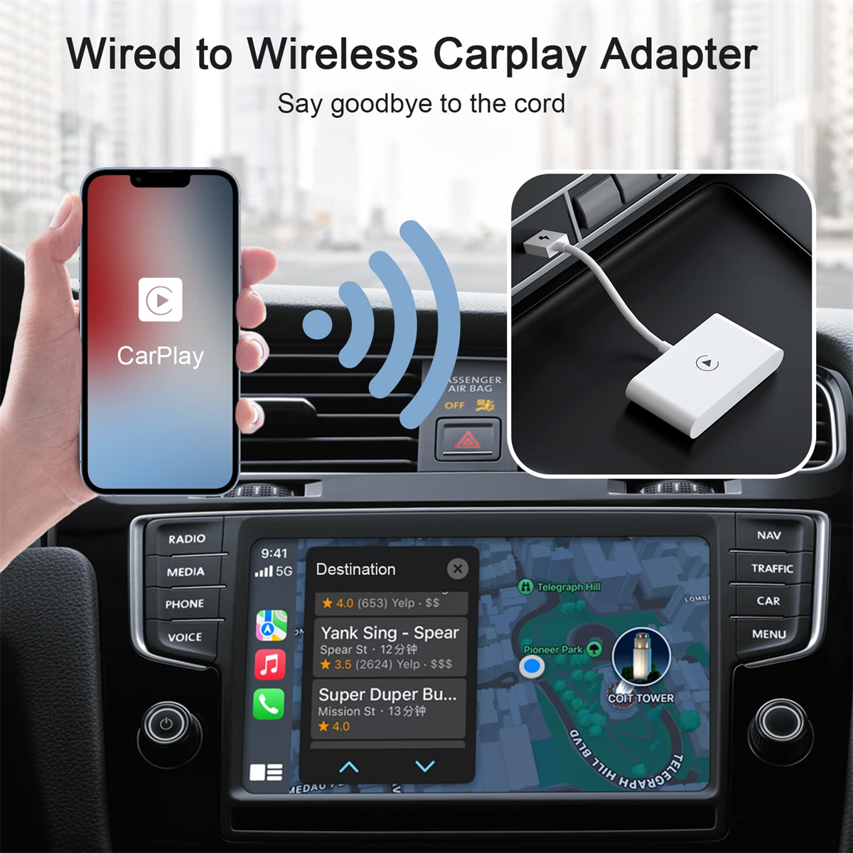 CarPlay-Adapter, verbunden mit Handy und Auto-Infotainment-Bildschirm, zeigt Navigation.