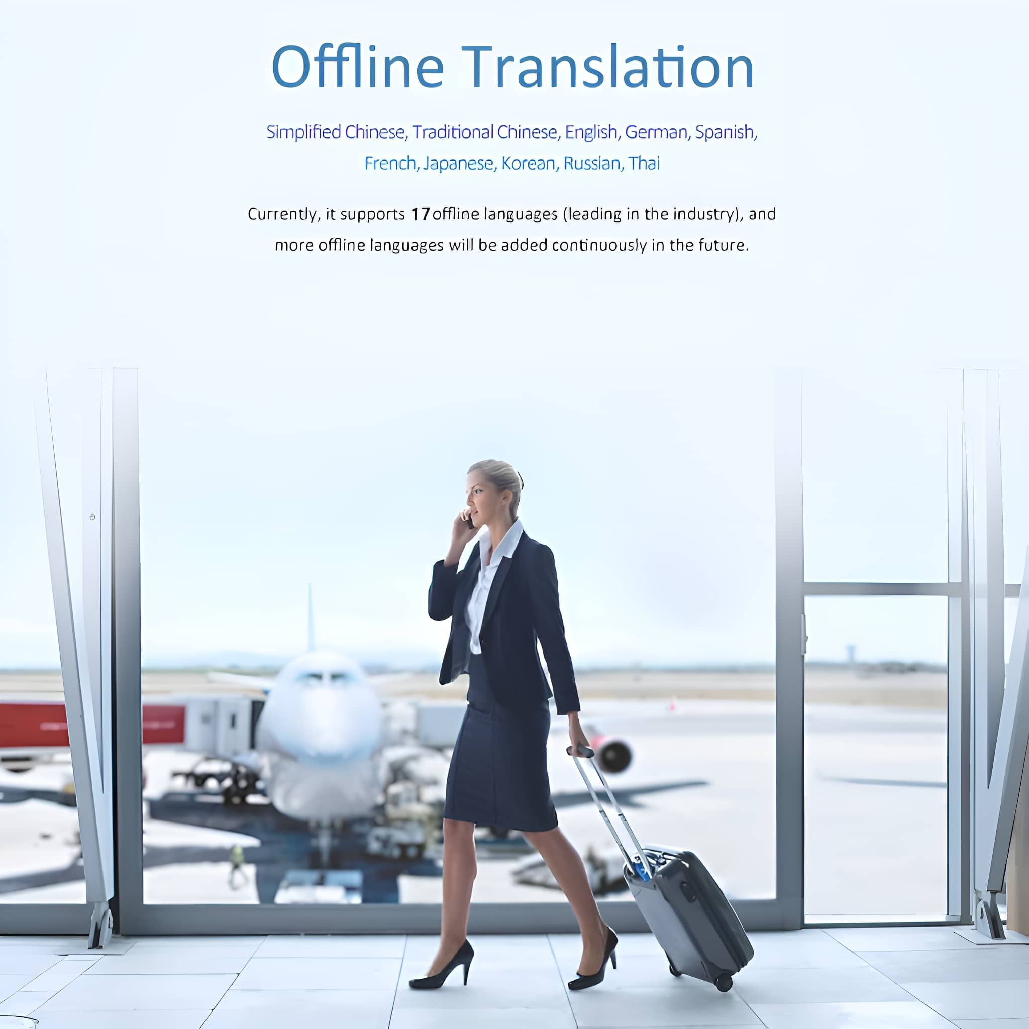 Eine Frau mit Koffer geht in einem Flughafen, mit Text über Offline-Übersetzung in mehreren Sprachen.