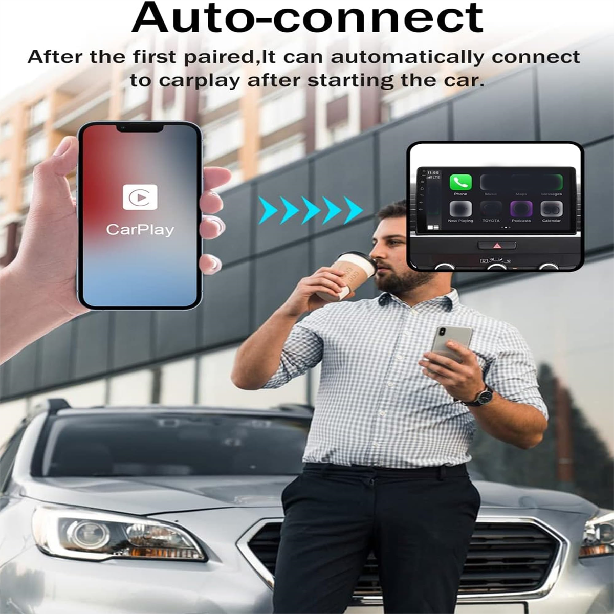 Ein Mann hält ein Telefon neben dem Bildschirm eines Autos, auf dem CarPlay angezeigt wird. Text: 'Auto-connect'.