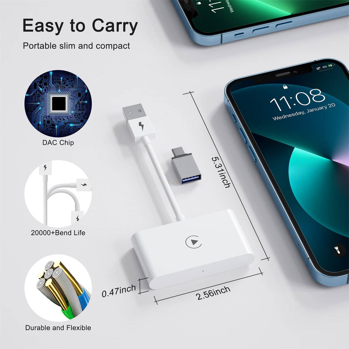 Weißer Adapter mit Lightning- und USB-C-Anschlüssen, neben einem Telefon und grafischen Details.