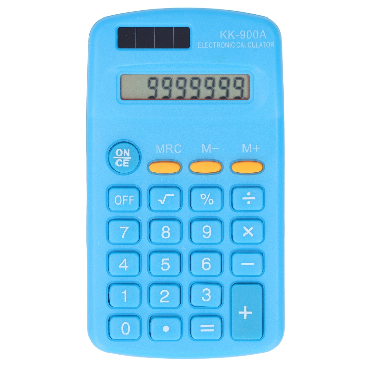 Blauer Taschenrechner mit großem Display, der 9999999 anzeigt, und Funktionstasten auf weißem Hintergrund.