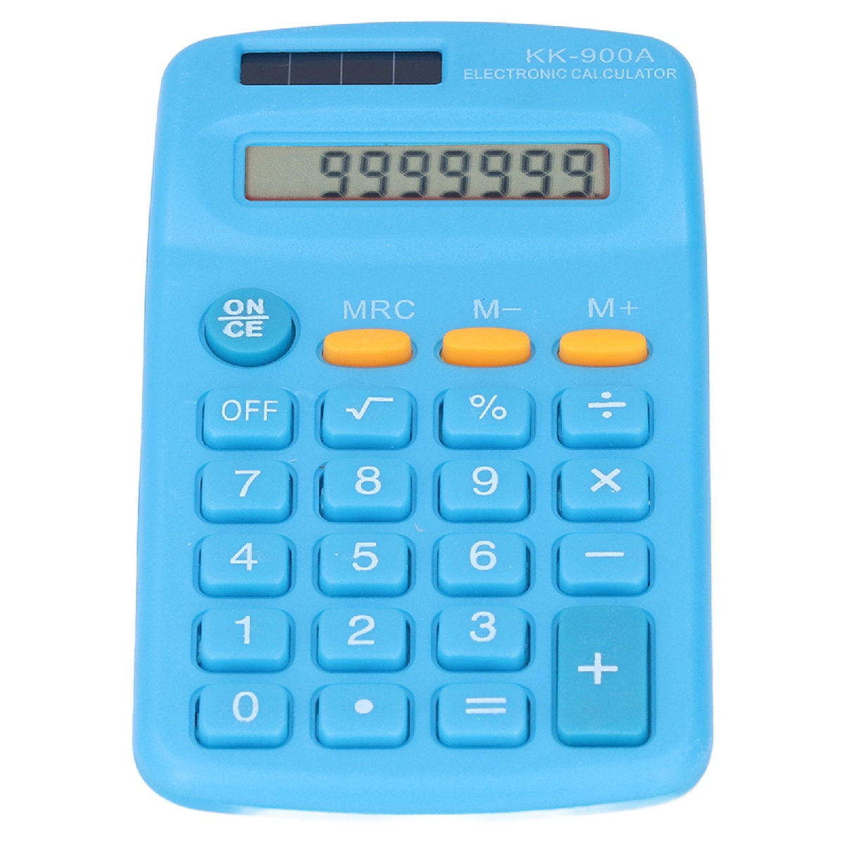 Blauer Taschenrechner mit der Anzeige 9999999. Er hat Tasten für Grundfunktionen.