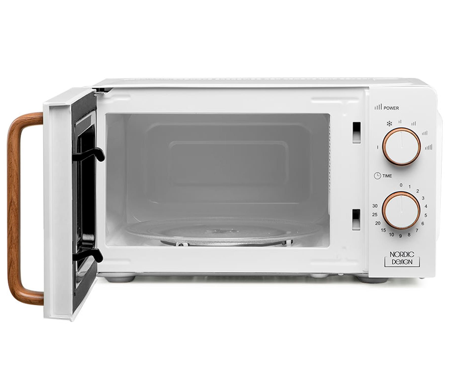 Biała kuchenka mikrofalowa z otwartymi drzwiami. Drewniany uchwyt. Panel sterowania z pokrętłami po prawej.