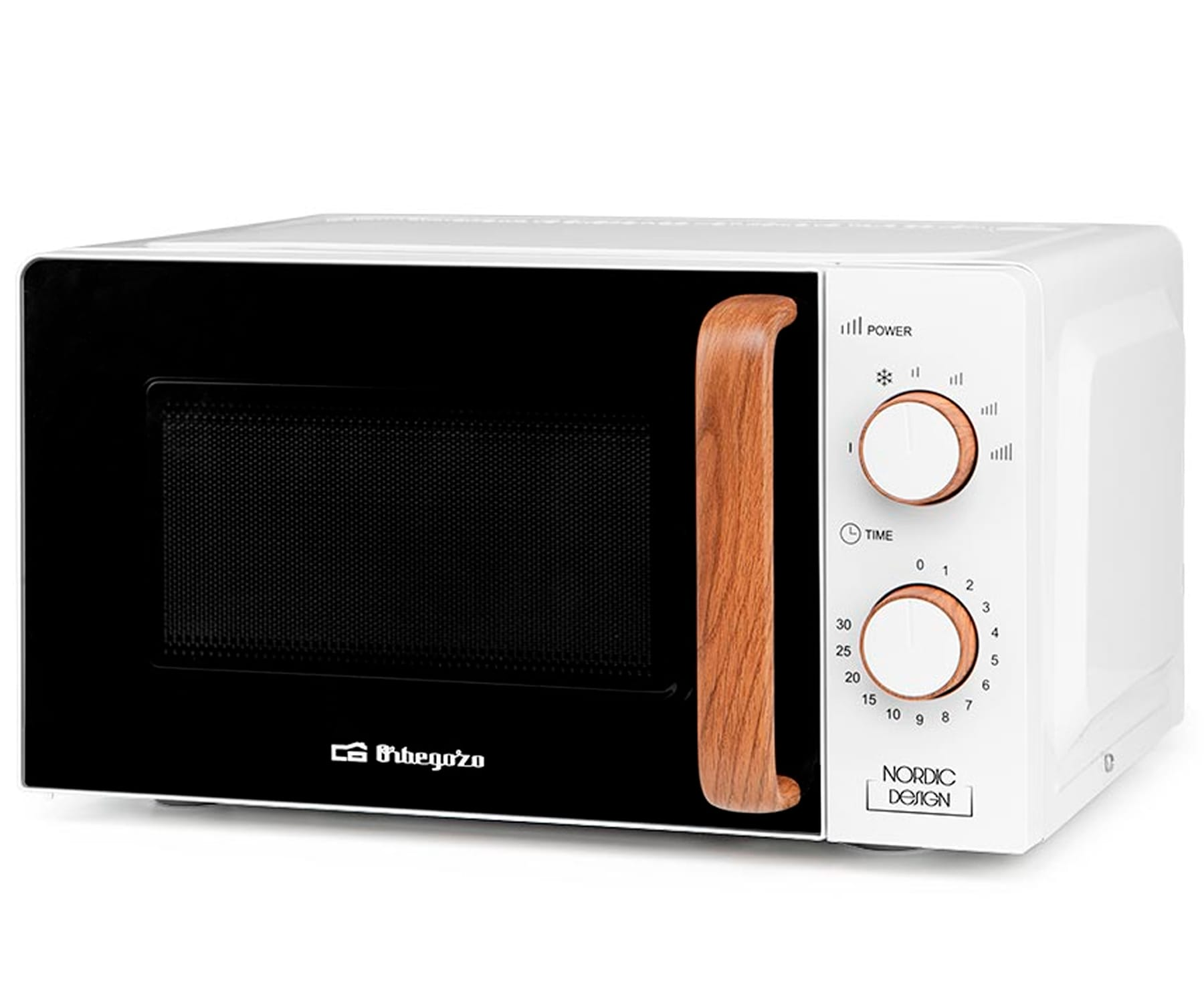 Biała kuchenka mikrofalowa z czarnymi drzwiami i drewnianym uchwytem.