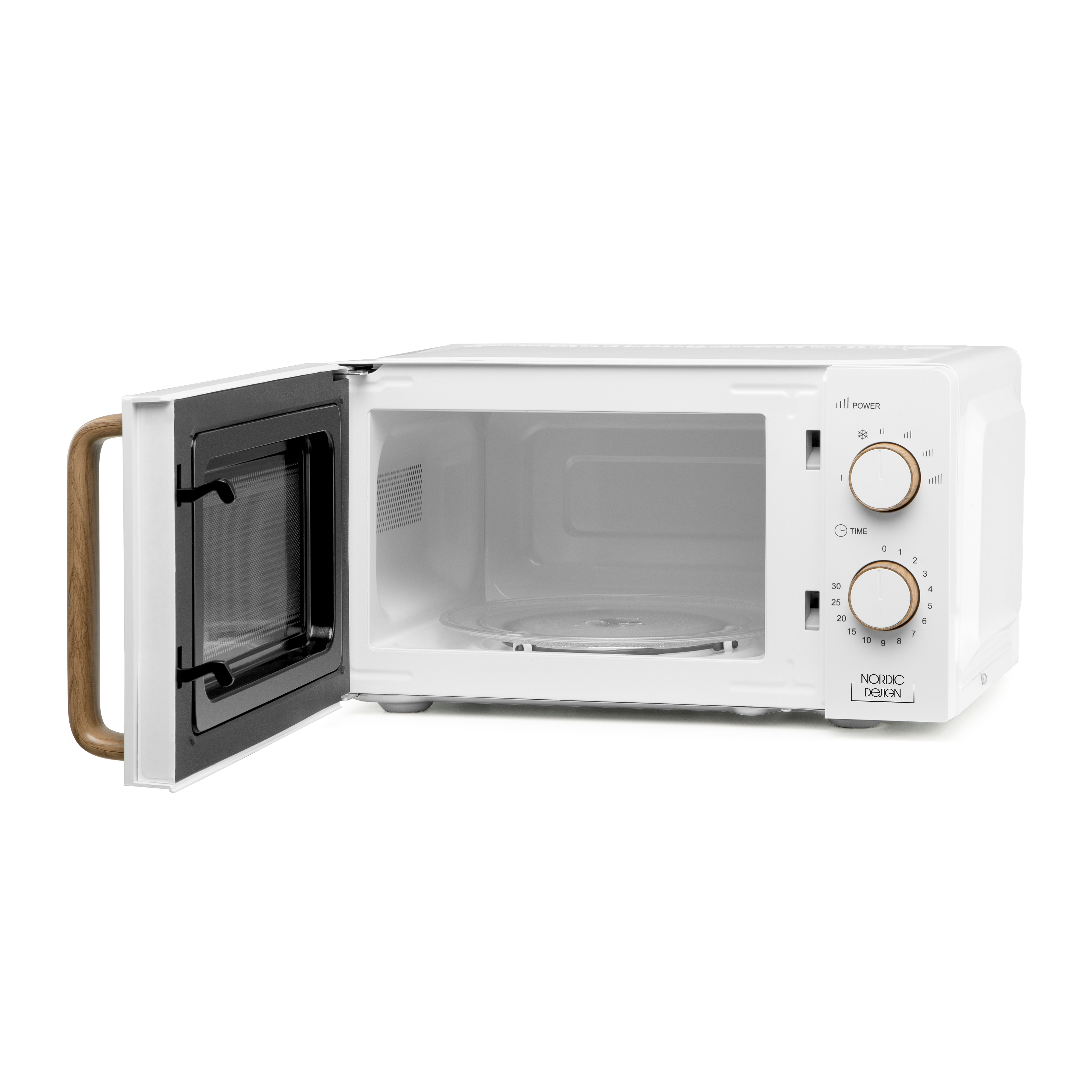 Biała kuchenka mikrofalowa z drewnianym uchwytem. Drzwi są otwarte, ukazując szklany talerz wewnątrz.