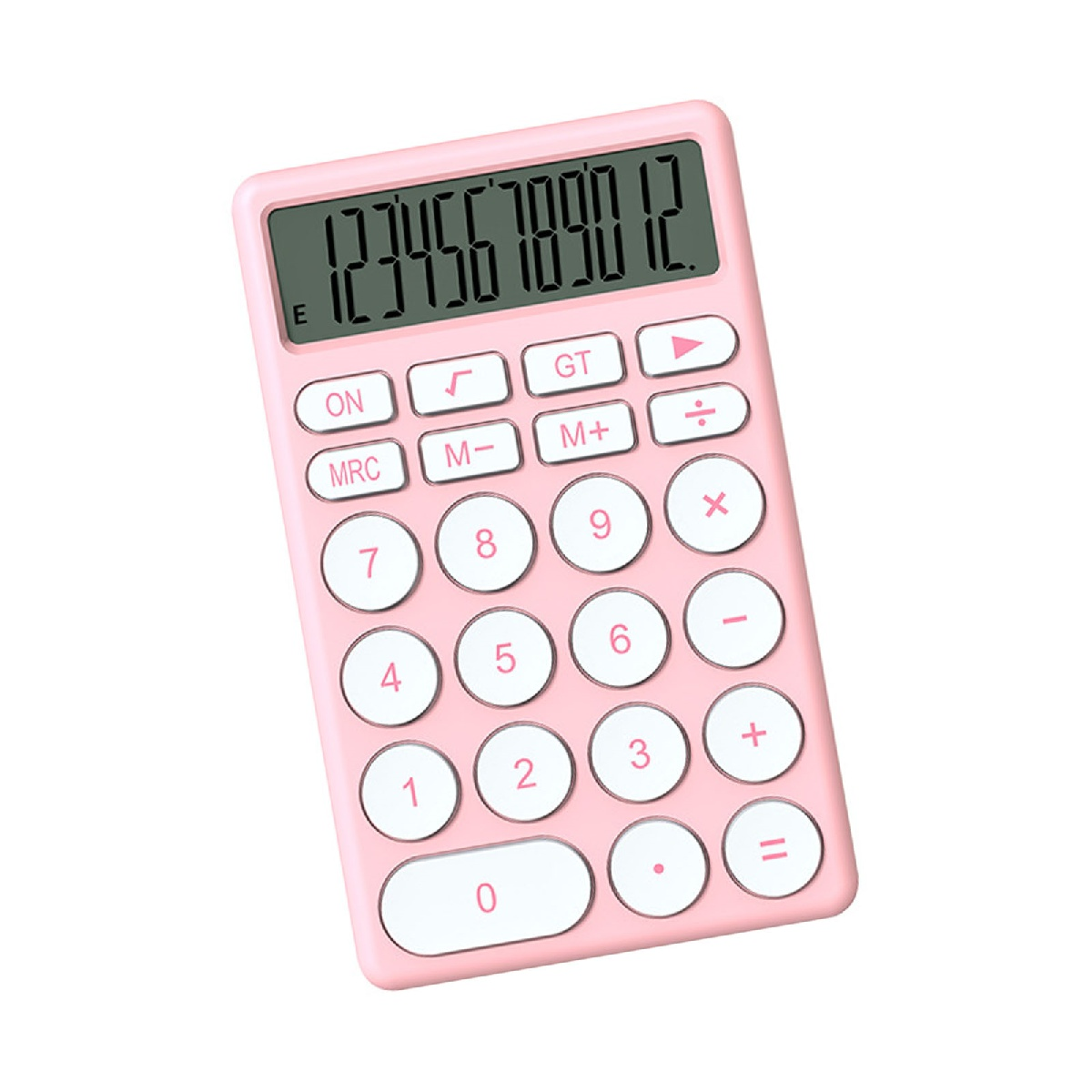 Ein rosa Taschenrechner mit Zahlen und Bedientasten, sowie ein digitales Display mit Zahlen.